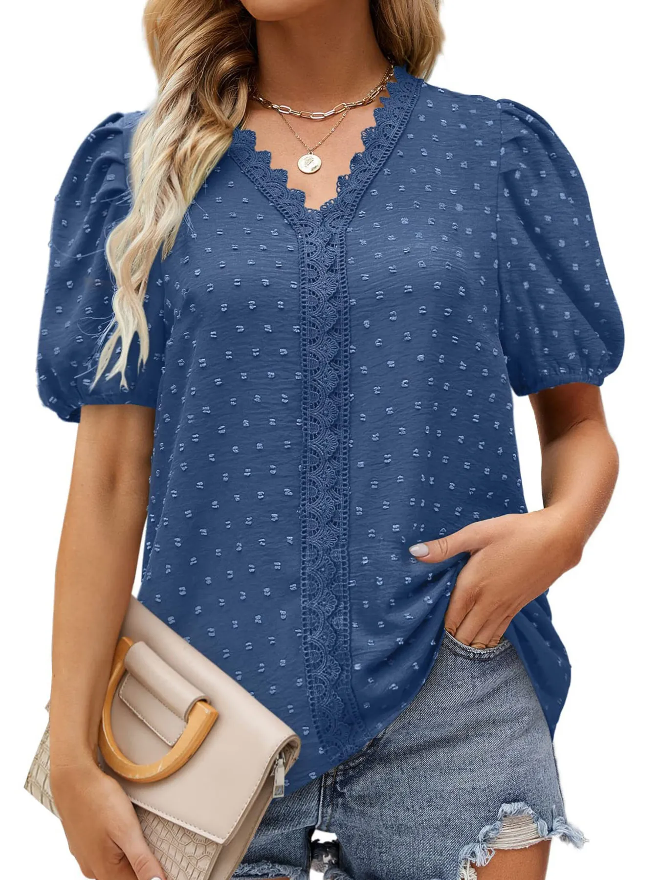 Puff Sleeve Swiss Dot Lace Trim Blouse - Image 16