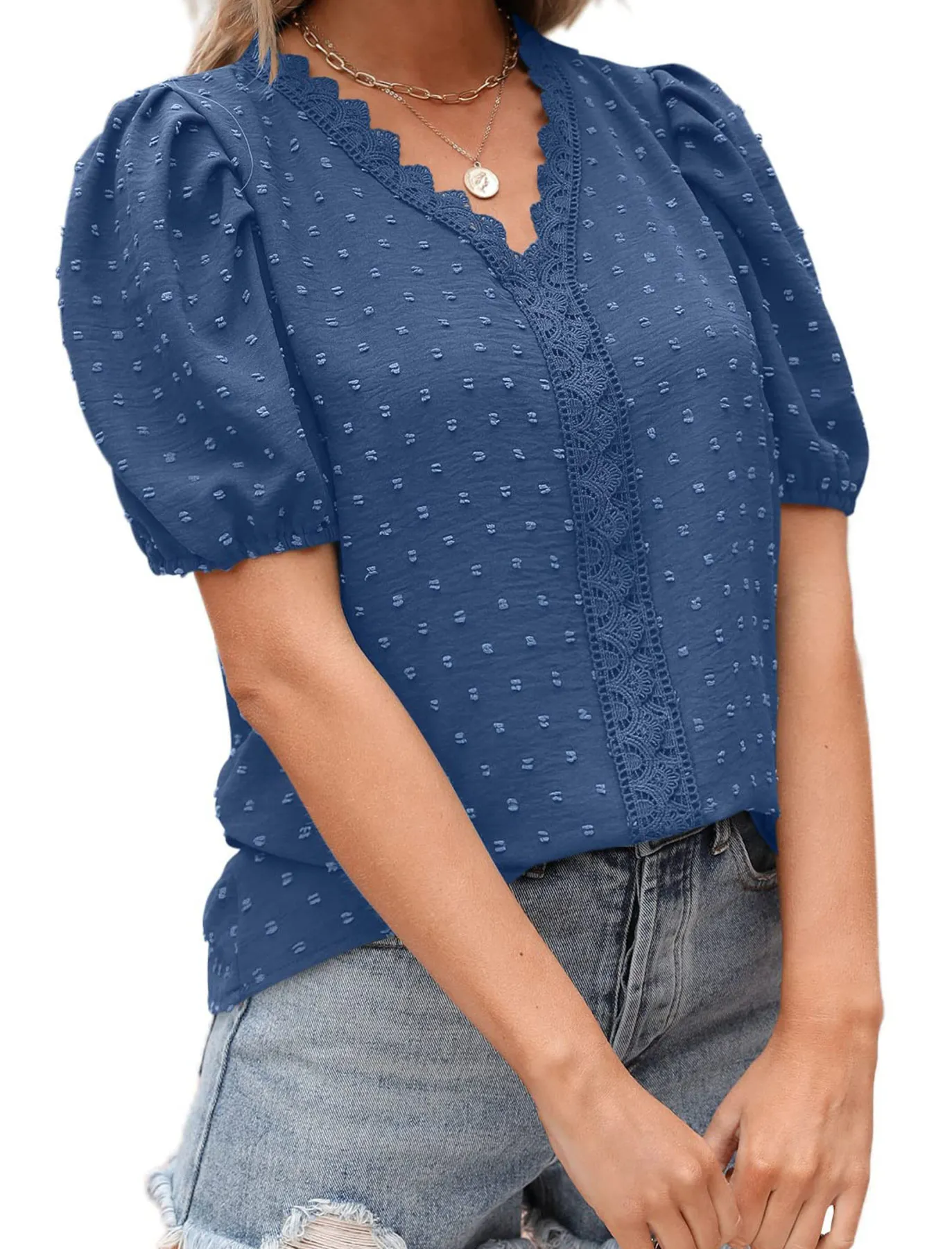 Puff Sleeve Swiss Dot Lace Trim Blouse - Image 18