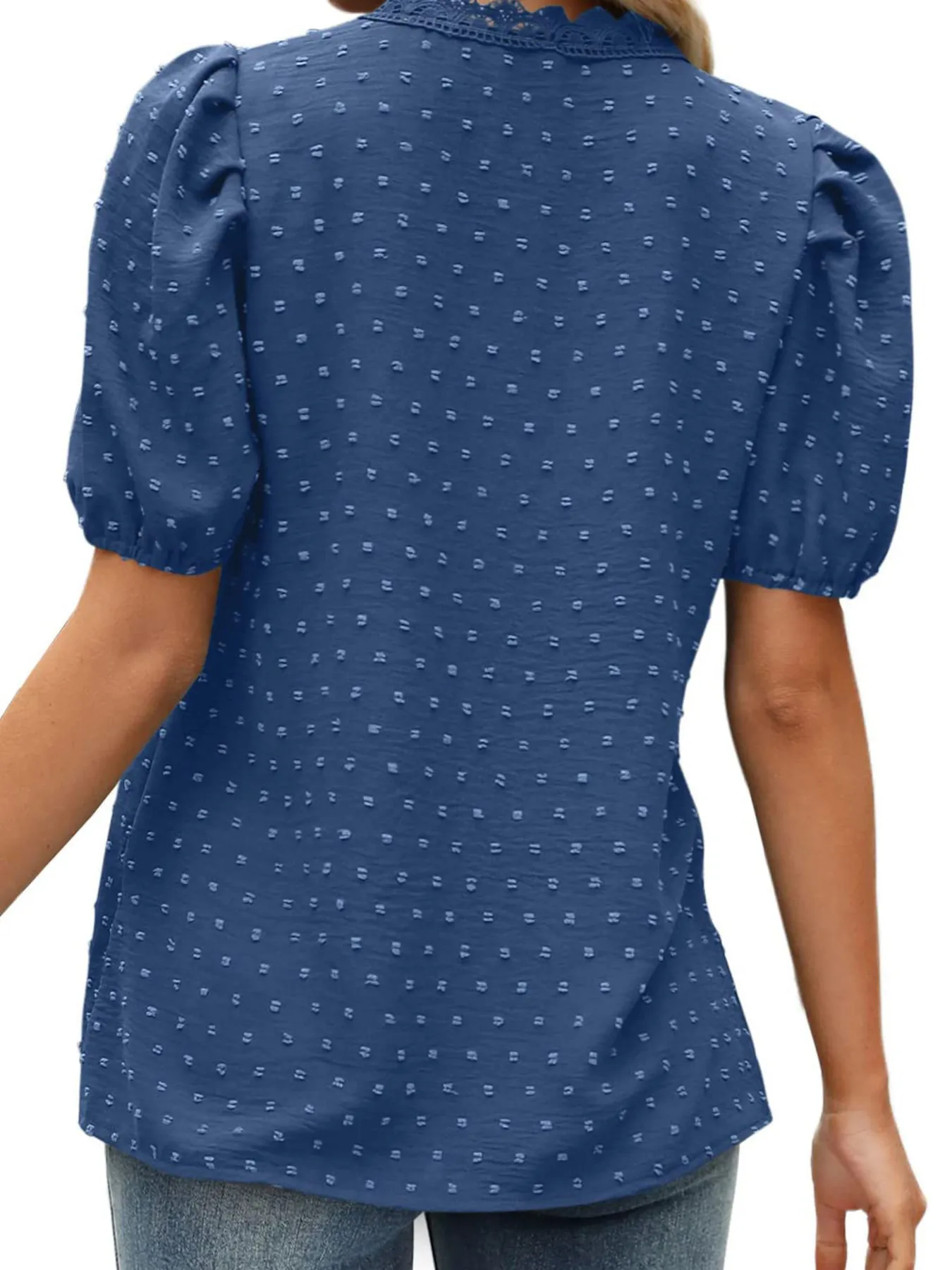 Puff Sleeve Swiss Dot Lace Trim Blouse - Image 19