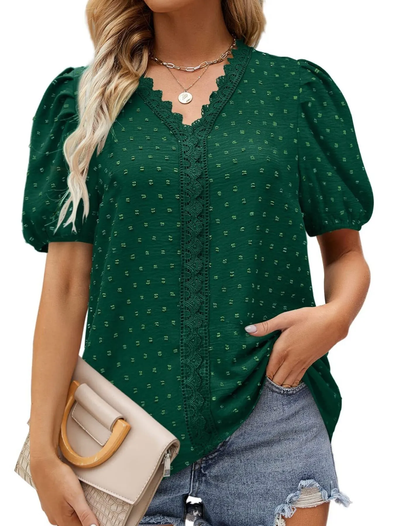 Puff Sleeve Swiss Dot Lace Trim Blouse - Image 20