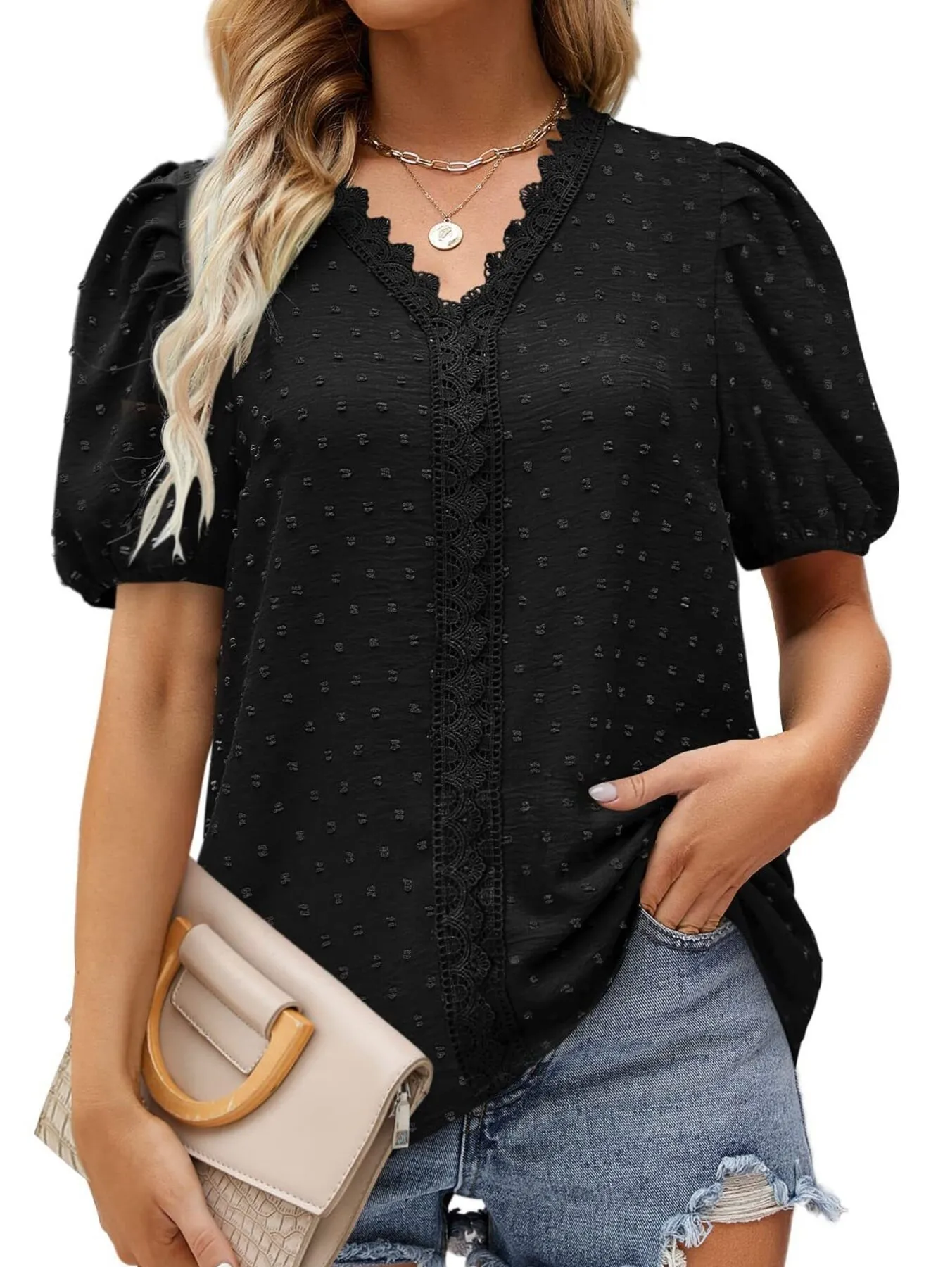 Puff Sleeve Swiss Dot Lace Trim Blouse - Image 24