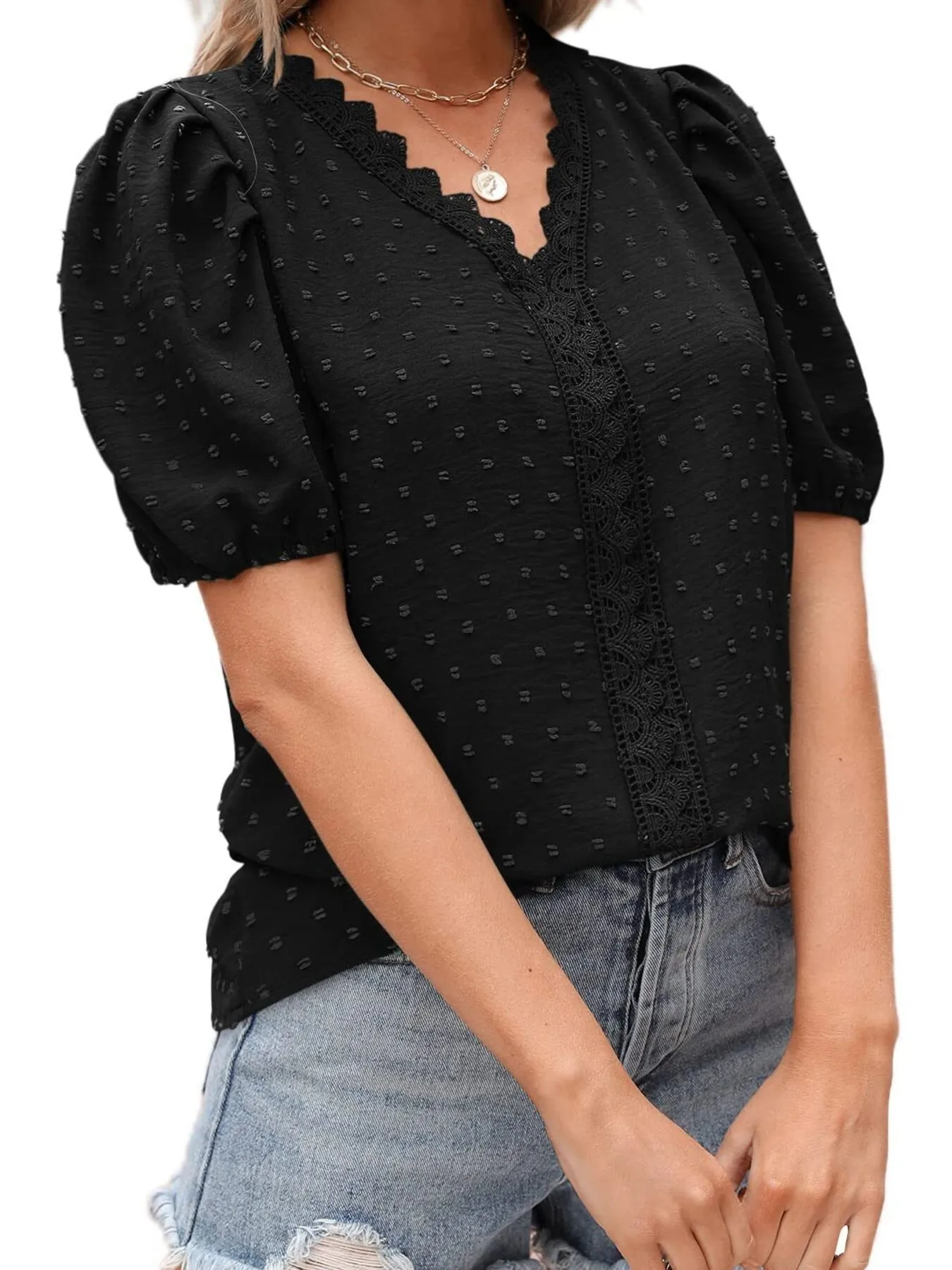 Puff Sleeve Swiss Dot Lace Trim Blouse - Image 26