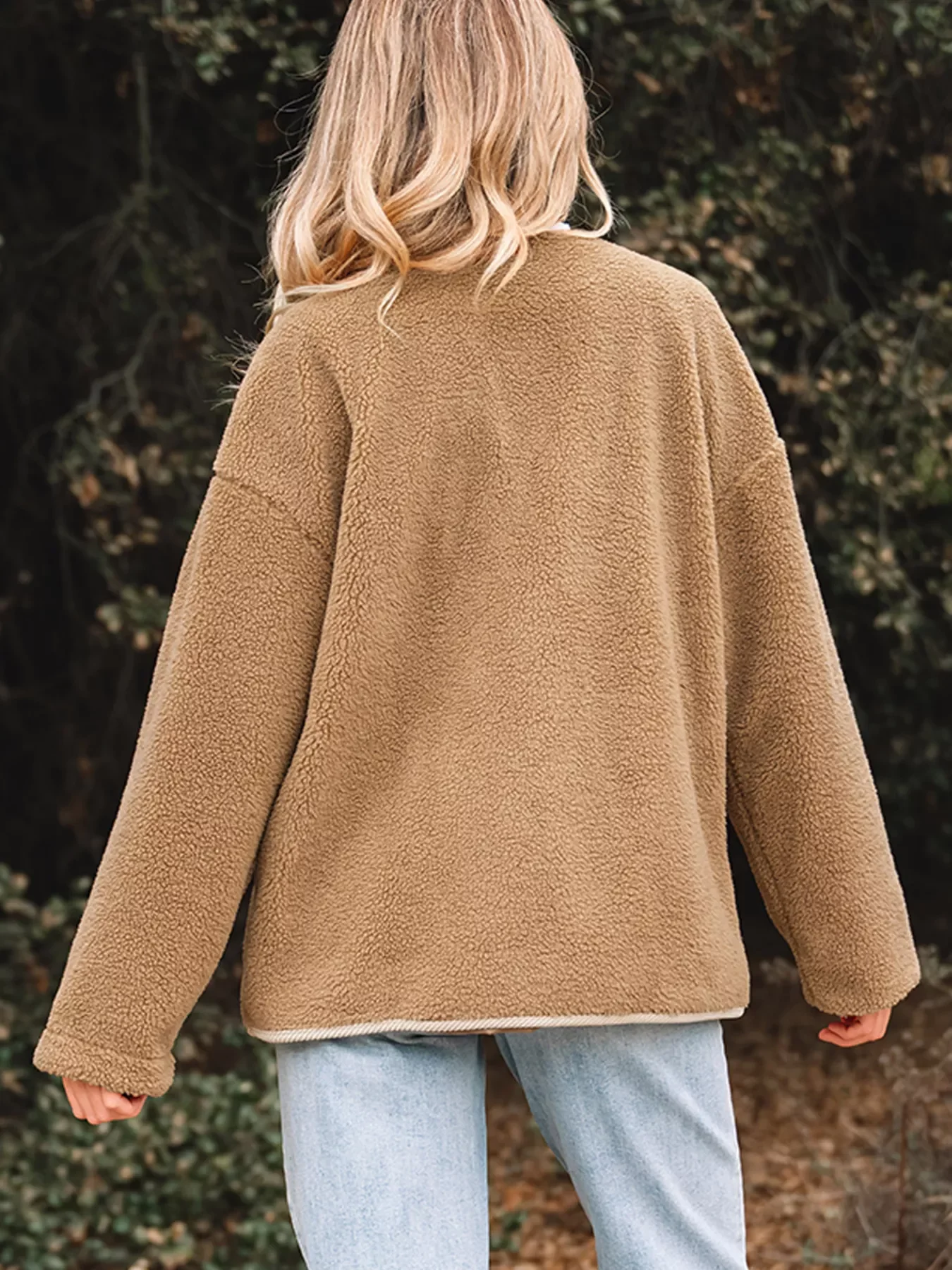 Puffy Plush Corduroy Edge Patchwork Jacket with Pockets - Image 3