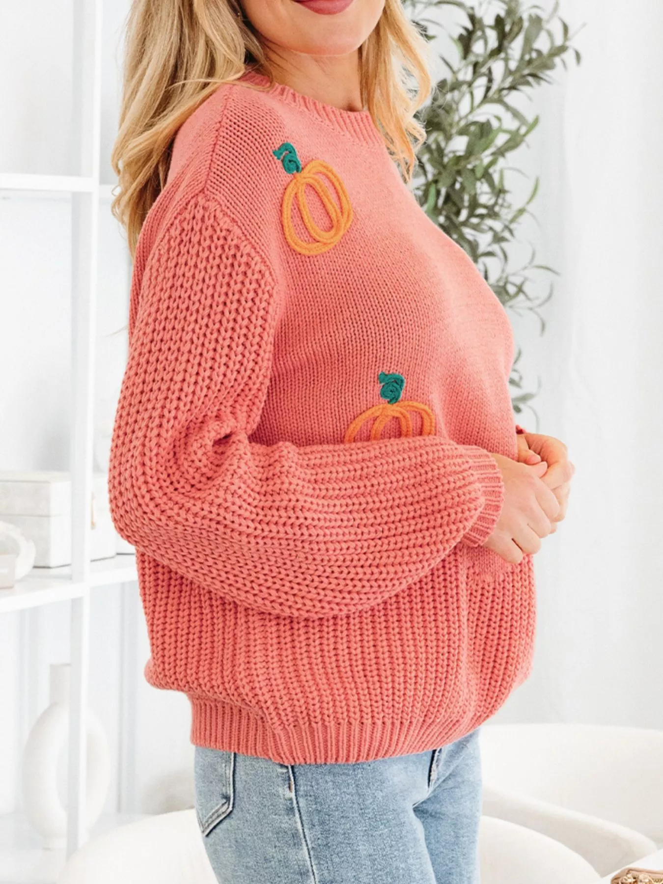 Pumpkin Embroidered Thanksgiving Holiday Sweater - Image 7