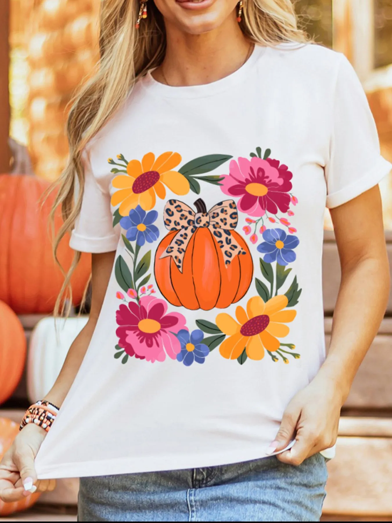 Pumpkin Floral Graphic Round Neck T-Shirt - Image 5