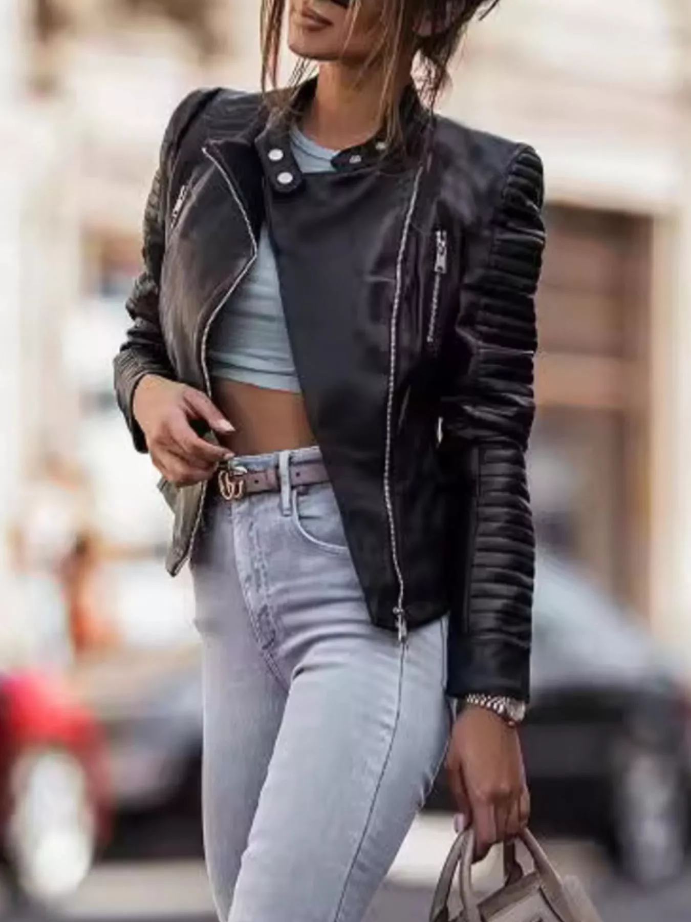 Quilted Sleeve Leather Moto Jacket - Image 3