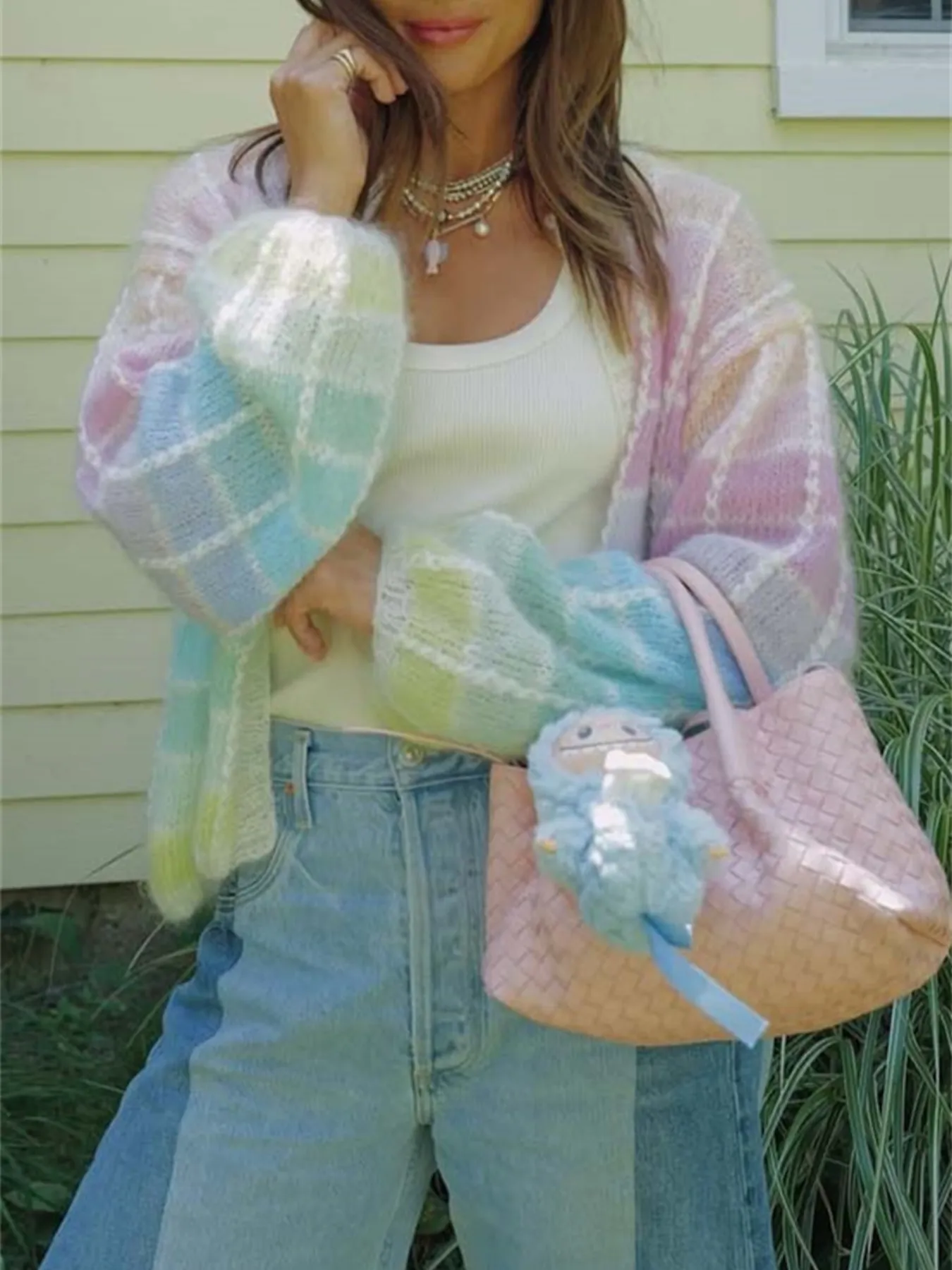 Rainbow Plaid Open Front Cardigan - Image 8