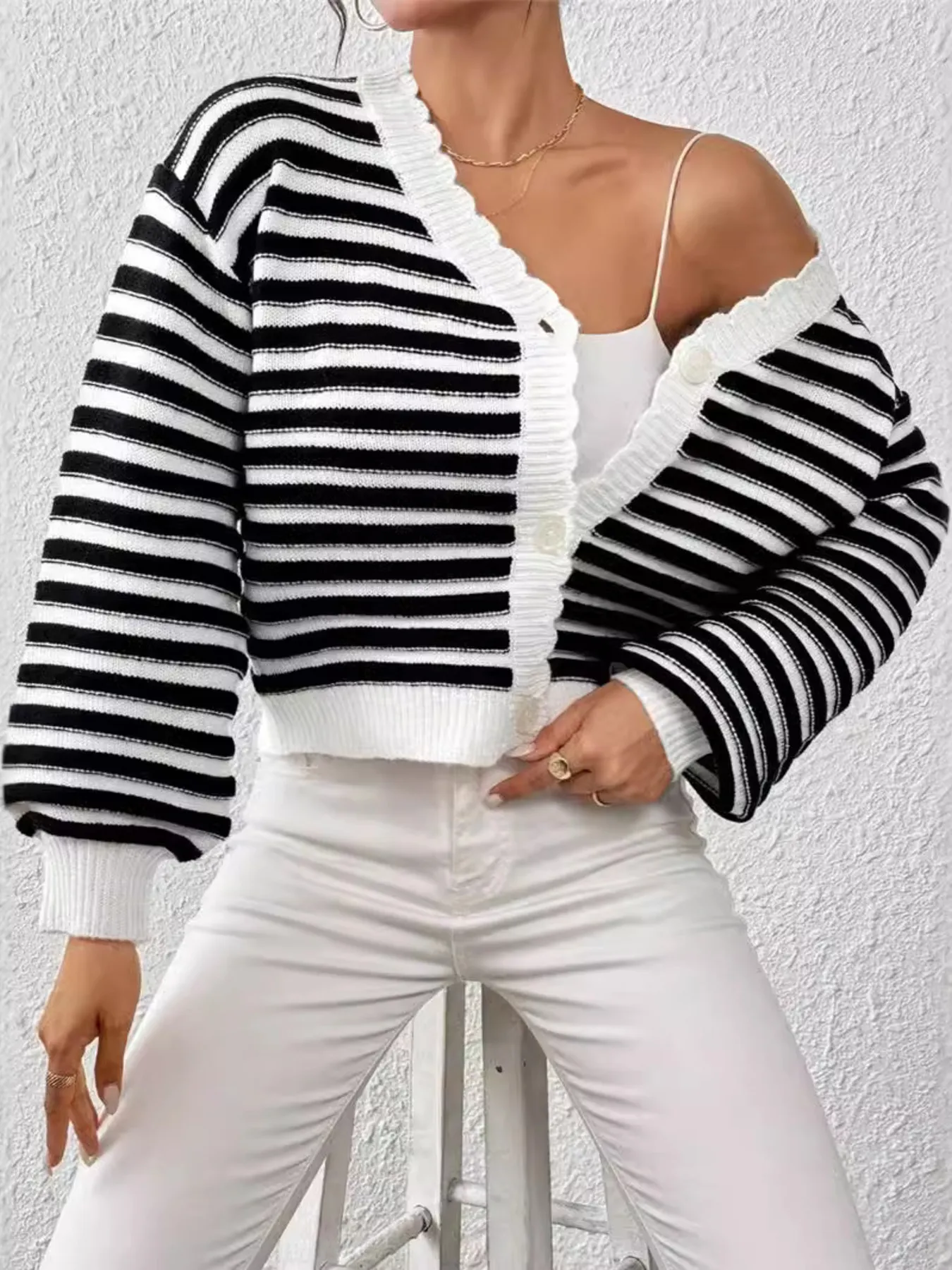 Rainbow Striped Cropped Cardigan with Balloon Sleeves - Image 10