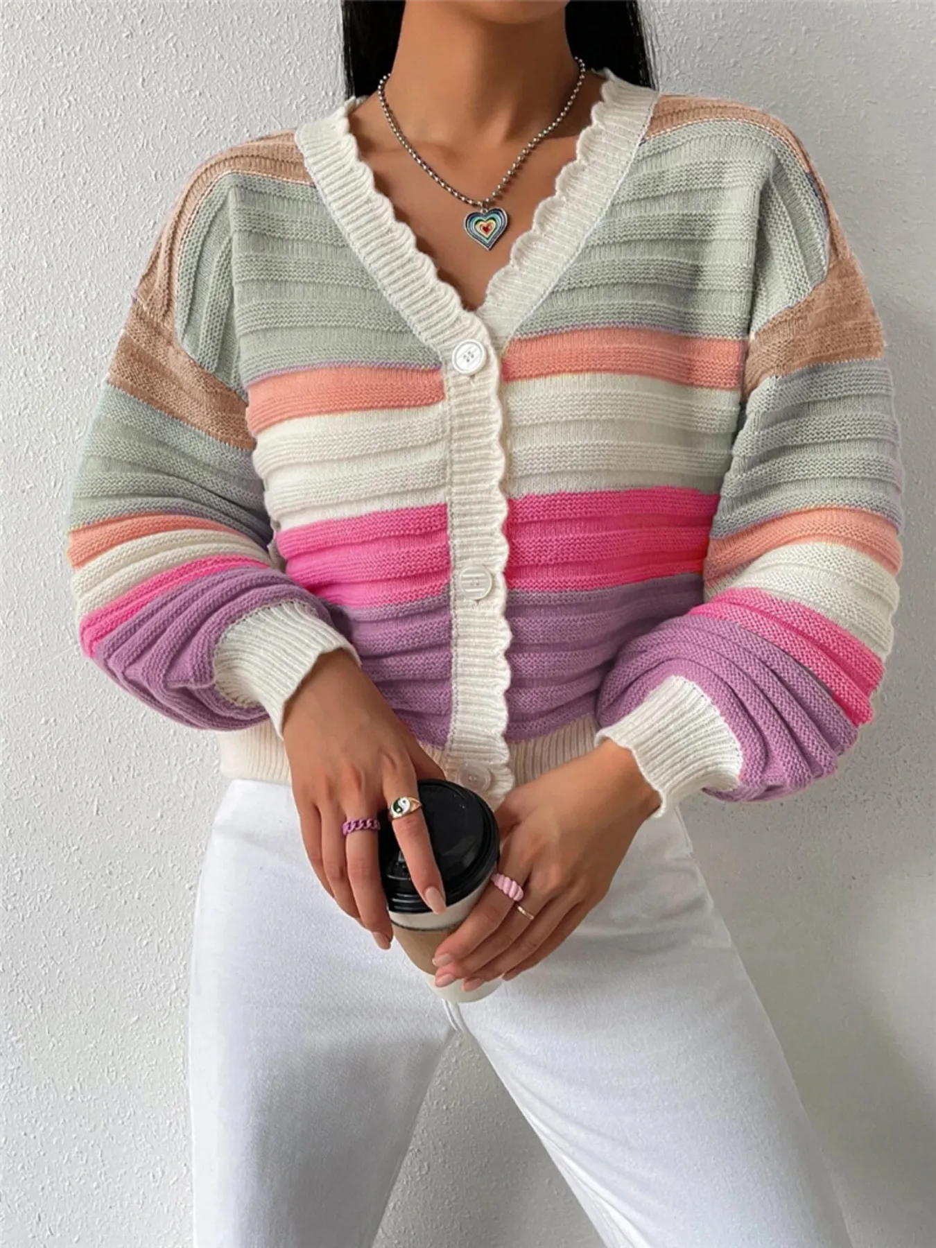 Rainbow Striped Cropped Cardigan with Balloon Sleeves - Image 4