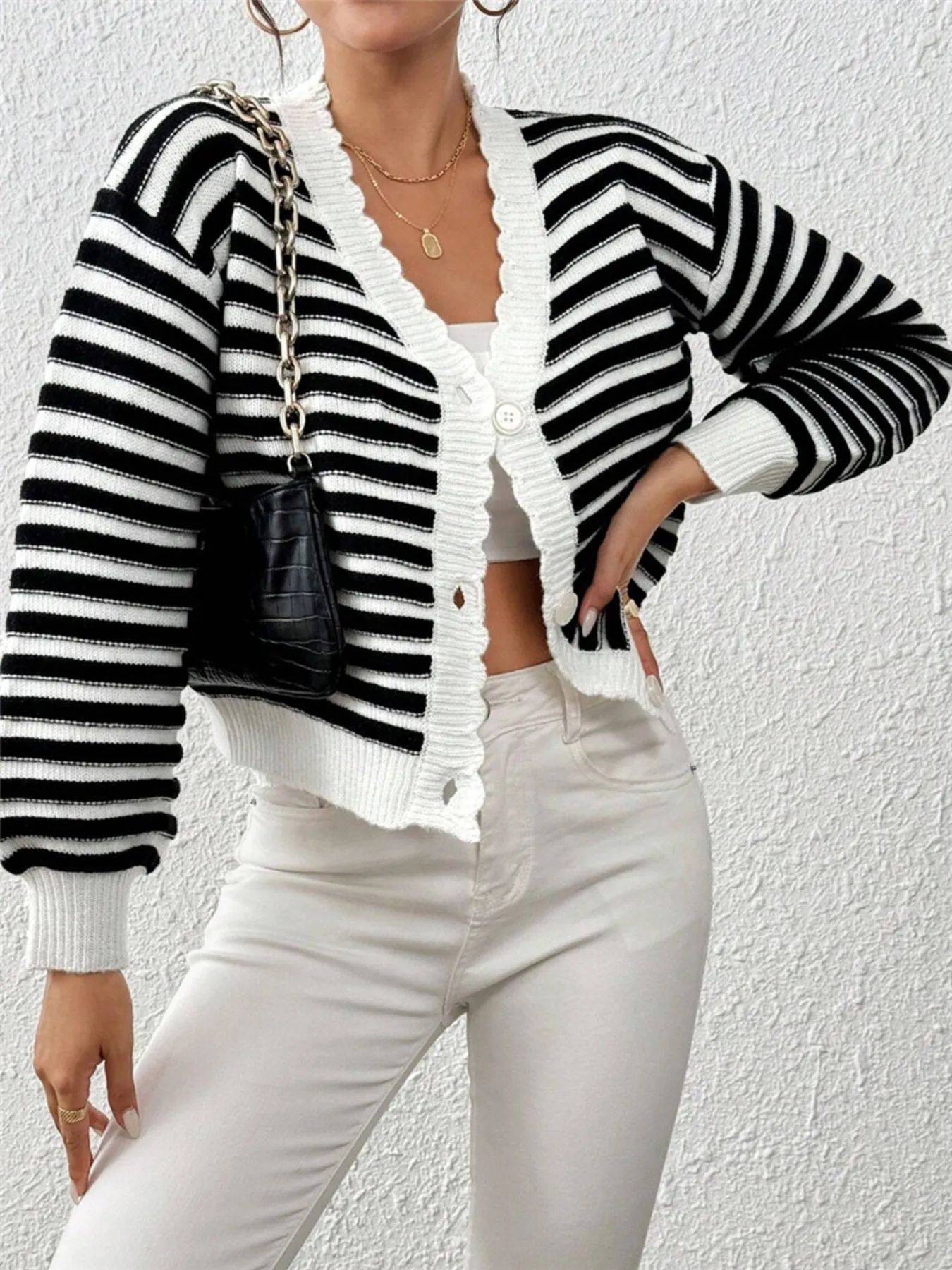 Rainbow Striped Cropped Cardigan with Balloon Sleeves - Image 9