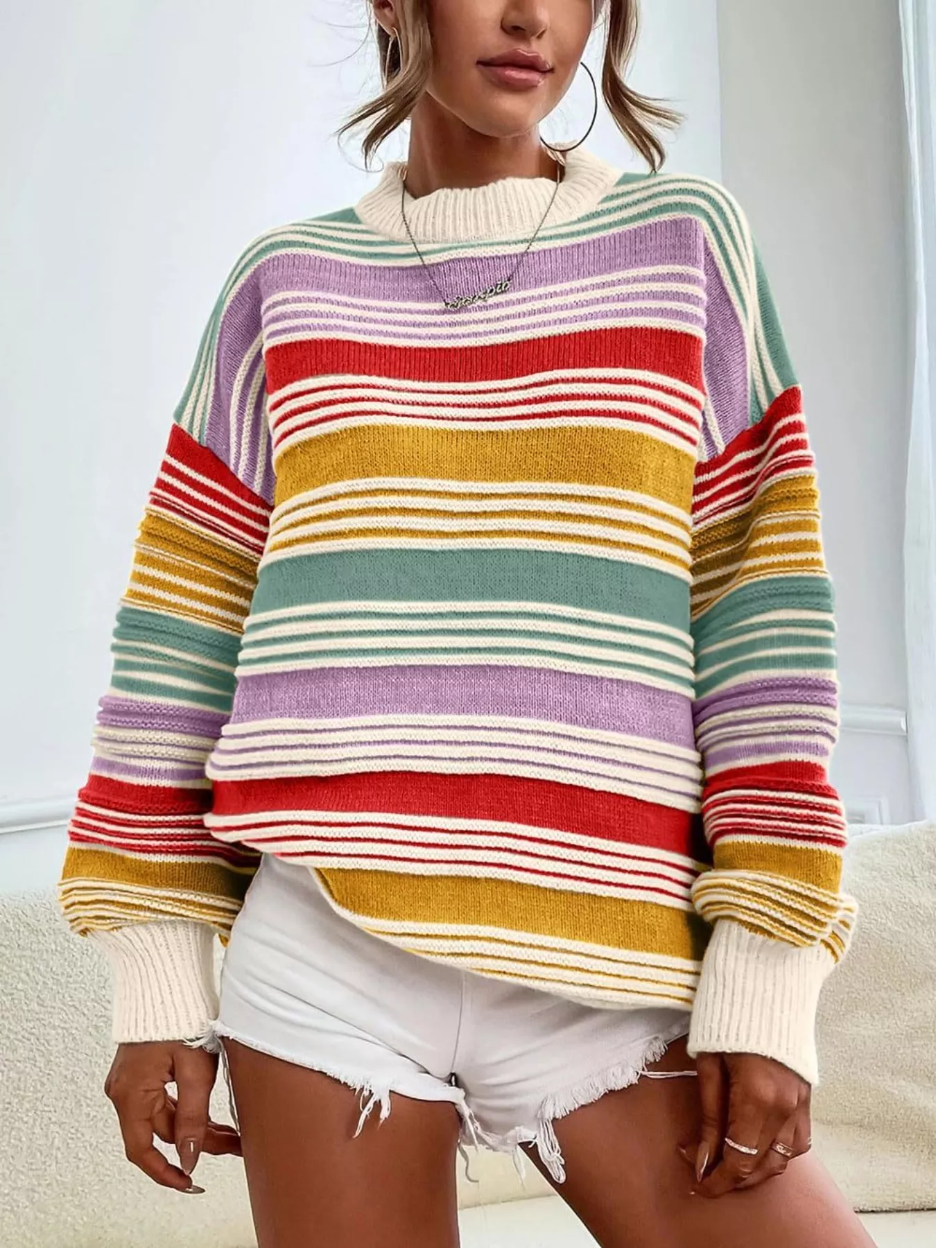 Rainbow Striped Drop Shoulder Oversized Sweater - Image 10