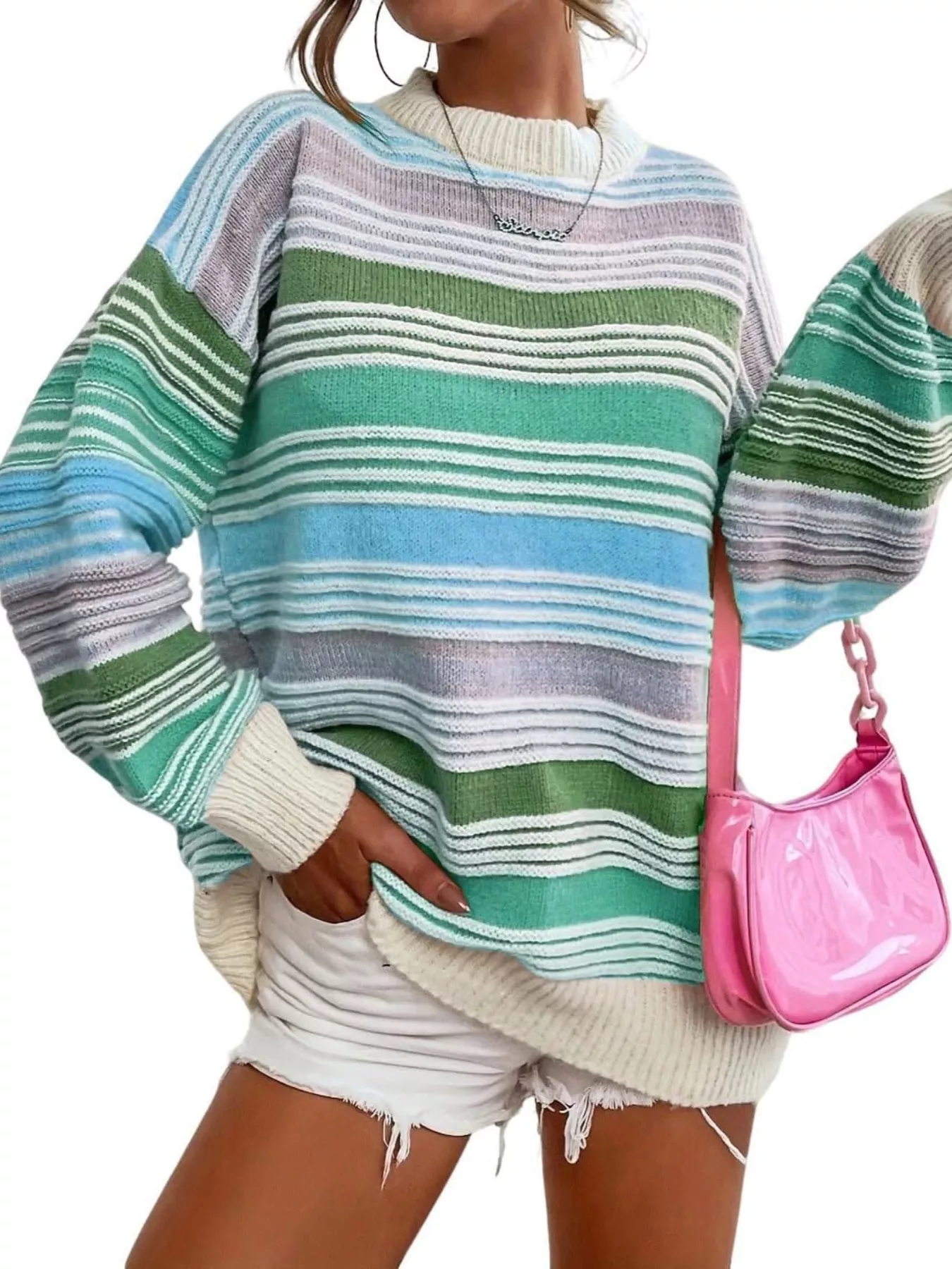 Rainbow Striped Drop Shoulder Oversized Sweater - Image 18