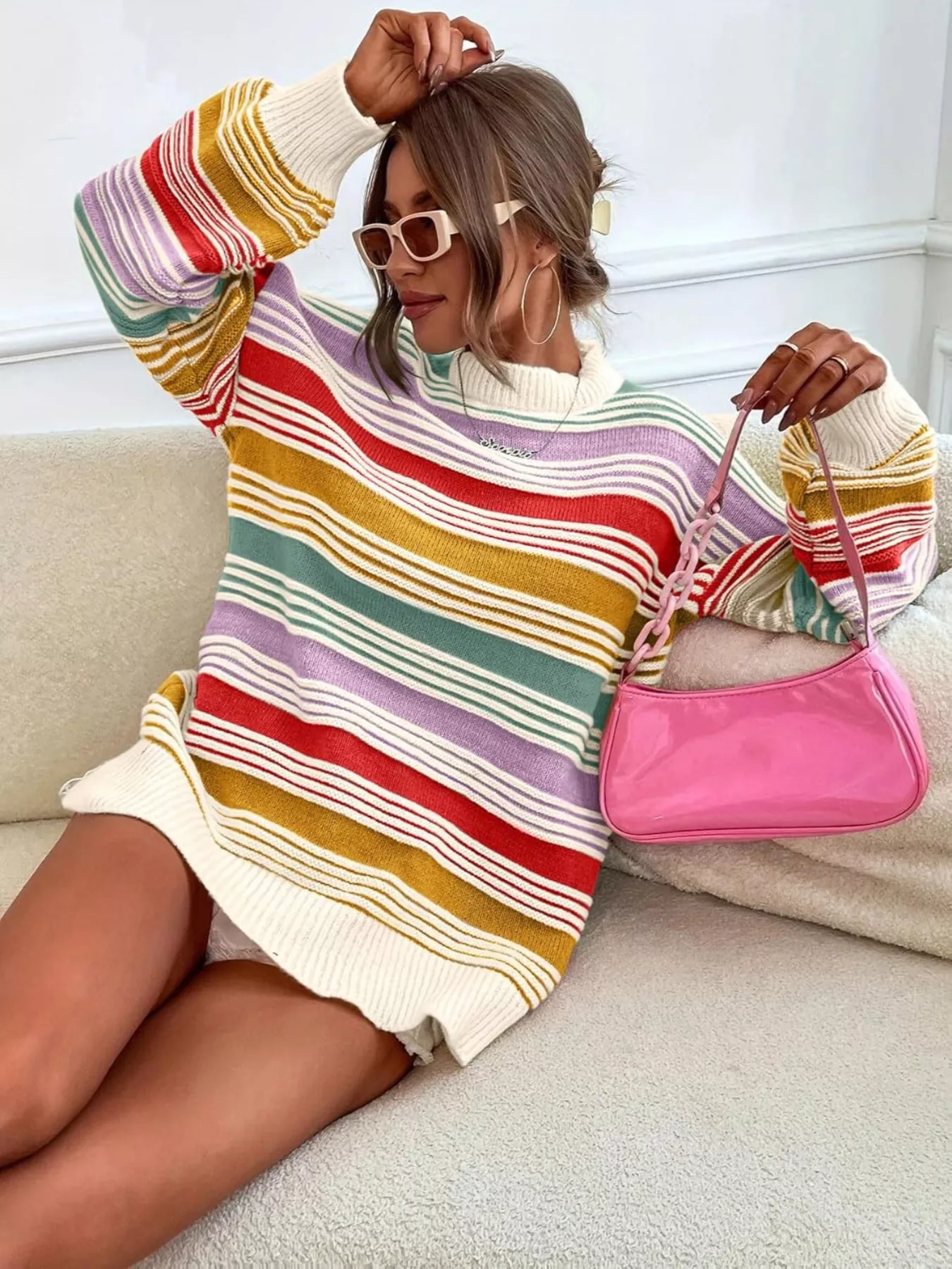 Rainbow Striped Drop Shoulder Oversized Sweater - Image 7