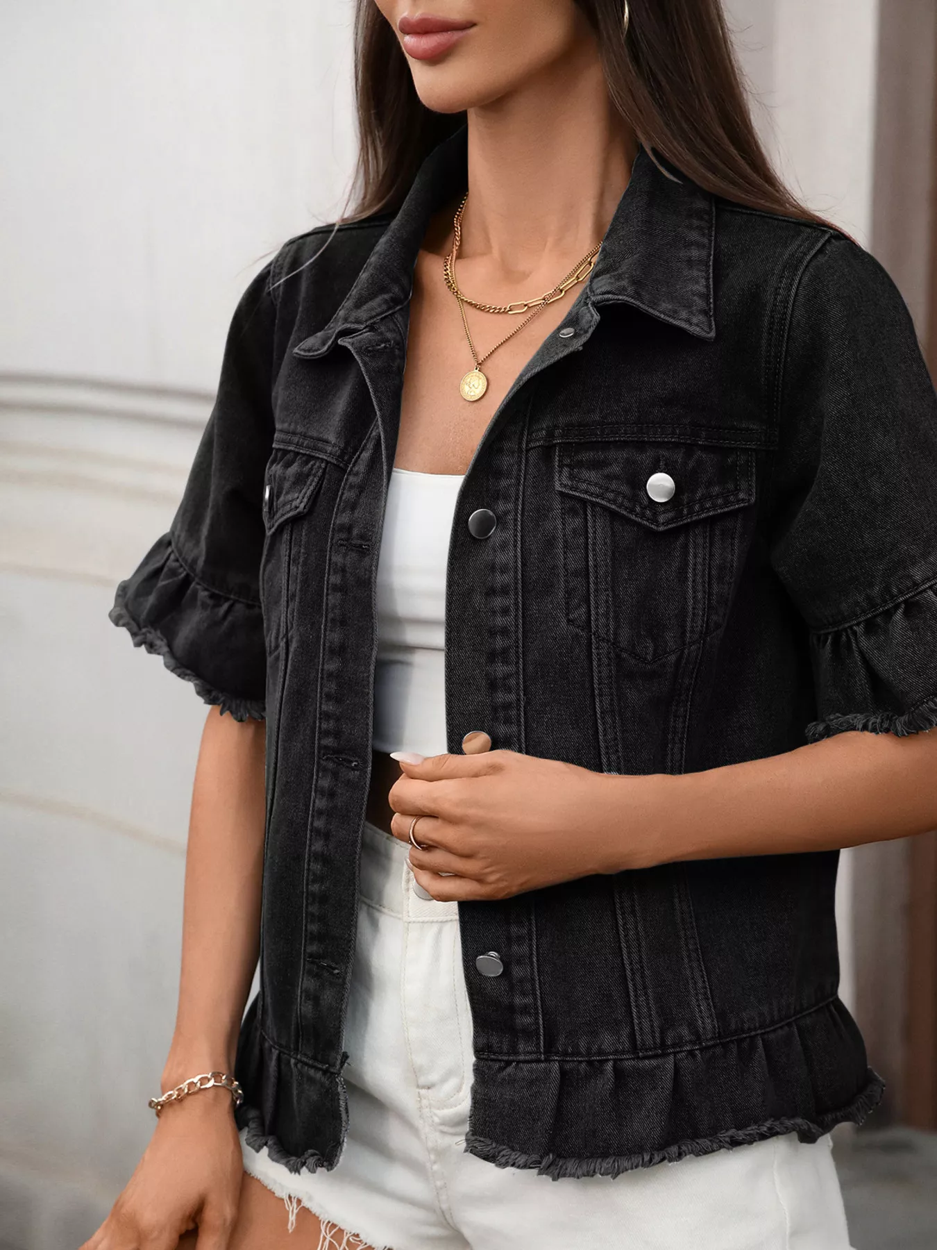 Raw Hem Button Up Denim Jacket - Image 10