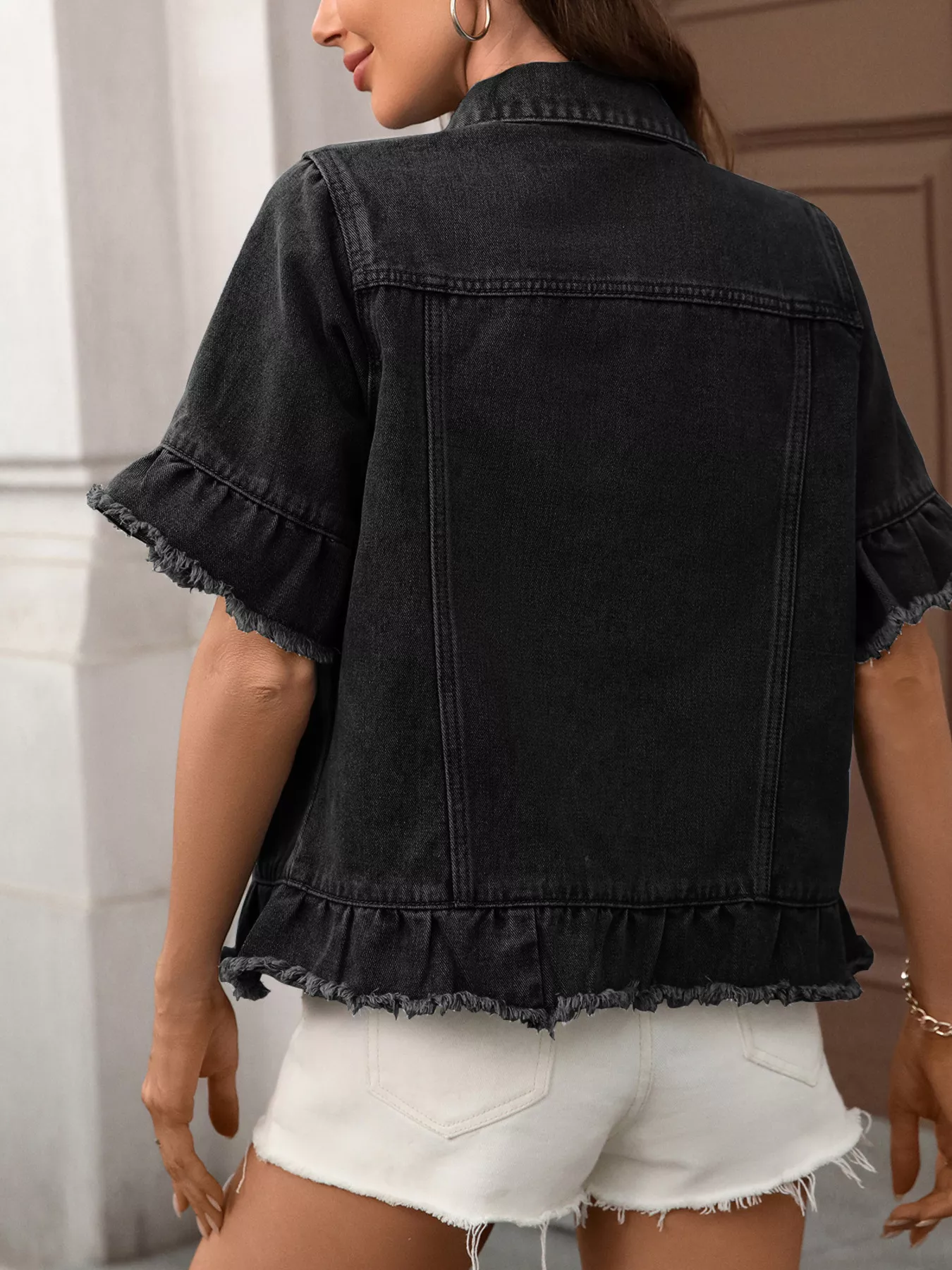 Raw Hem Button Up Denim Jacket - Image 11