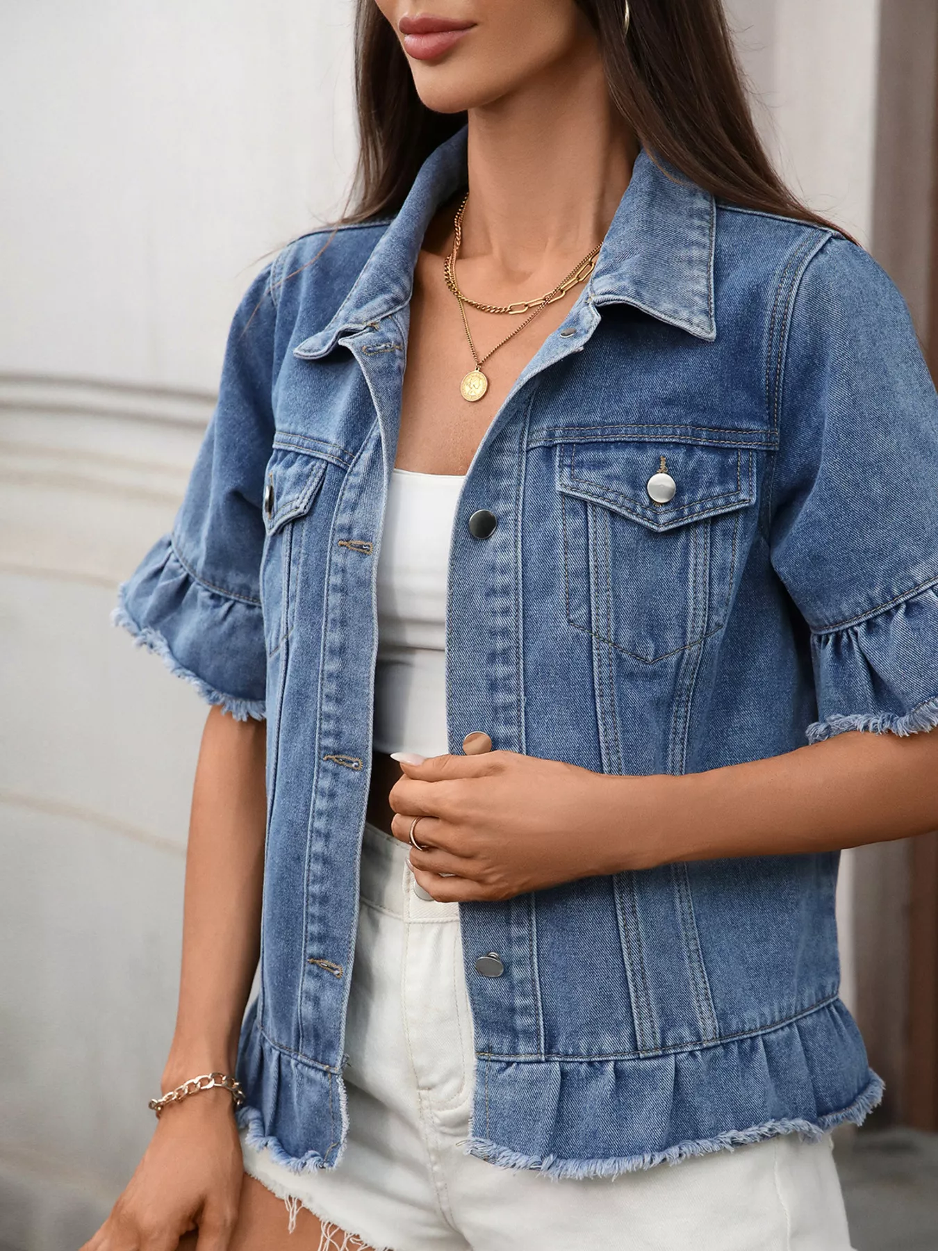 Raw Hem Button Up Denim Jacket - Image 2