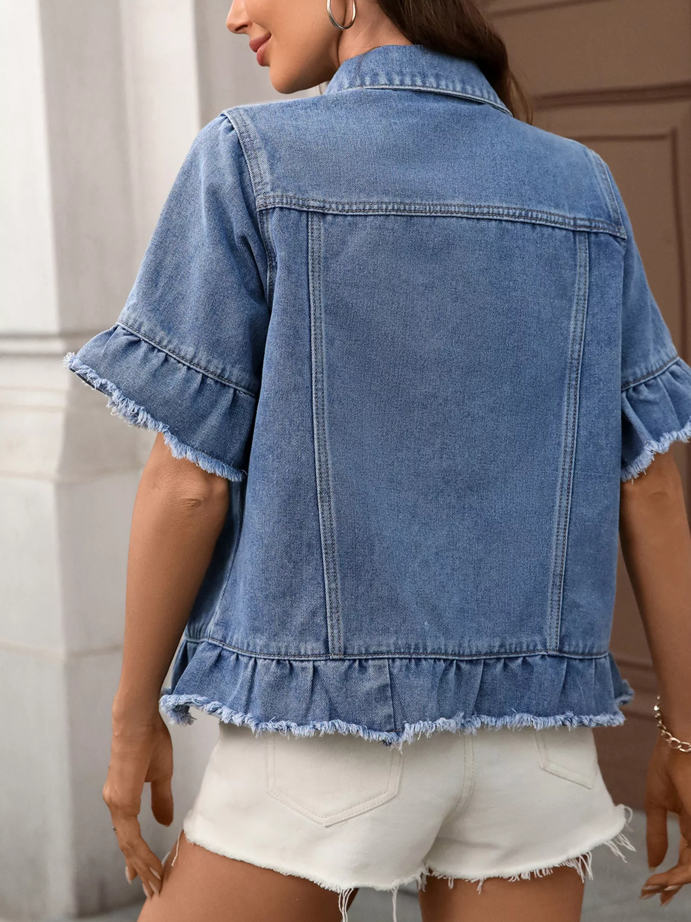 Raw Hem Button Up Denim Jacket - Image 6