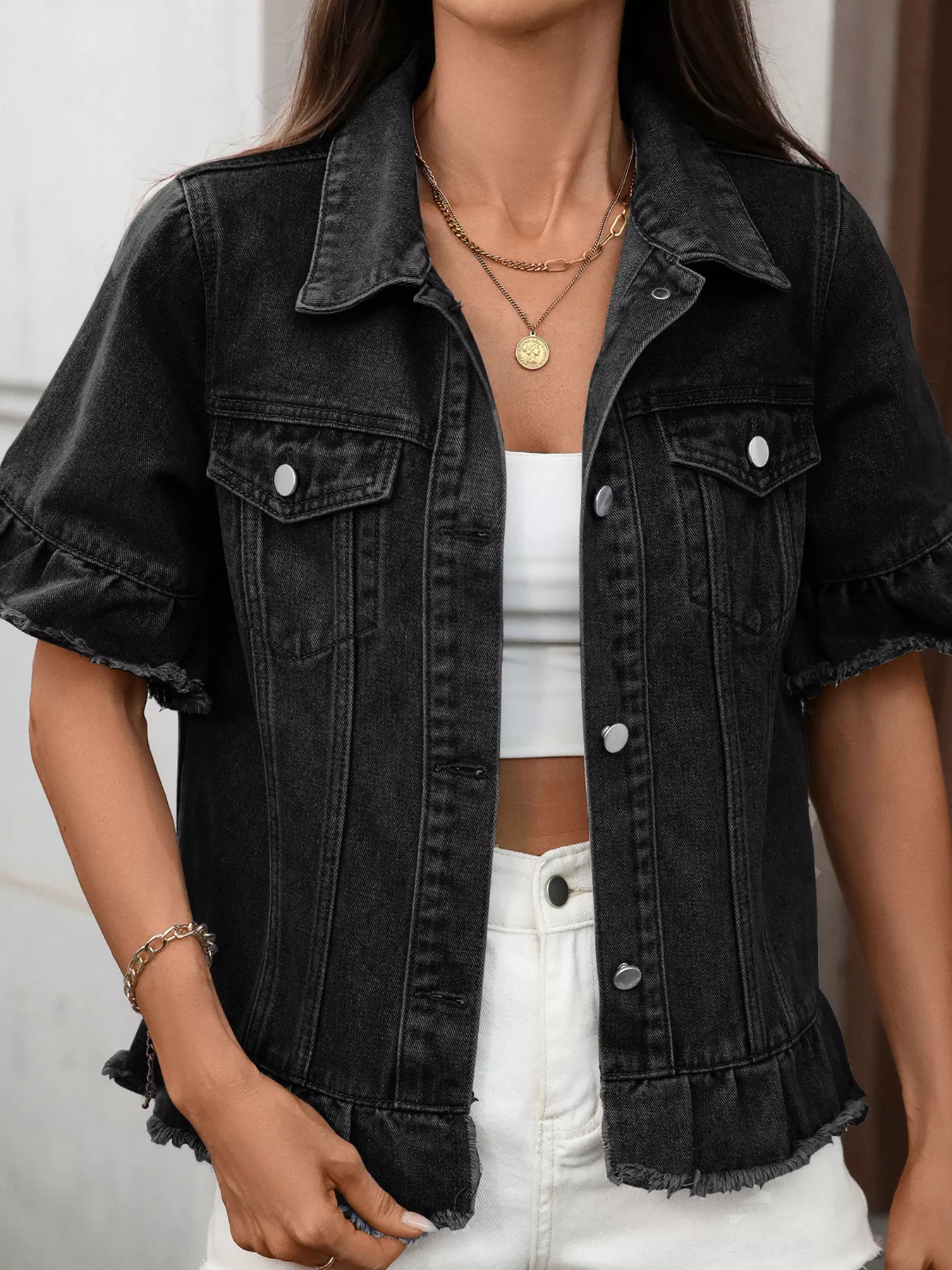 Raw Hem Button Up Denim Jacket - Image 7