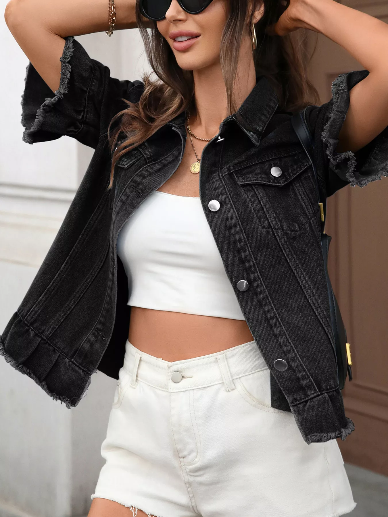 Raw Hem Button Up Denim Jacket - Image 11