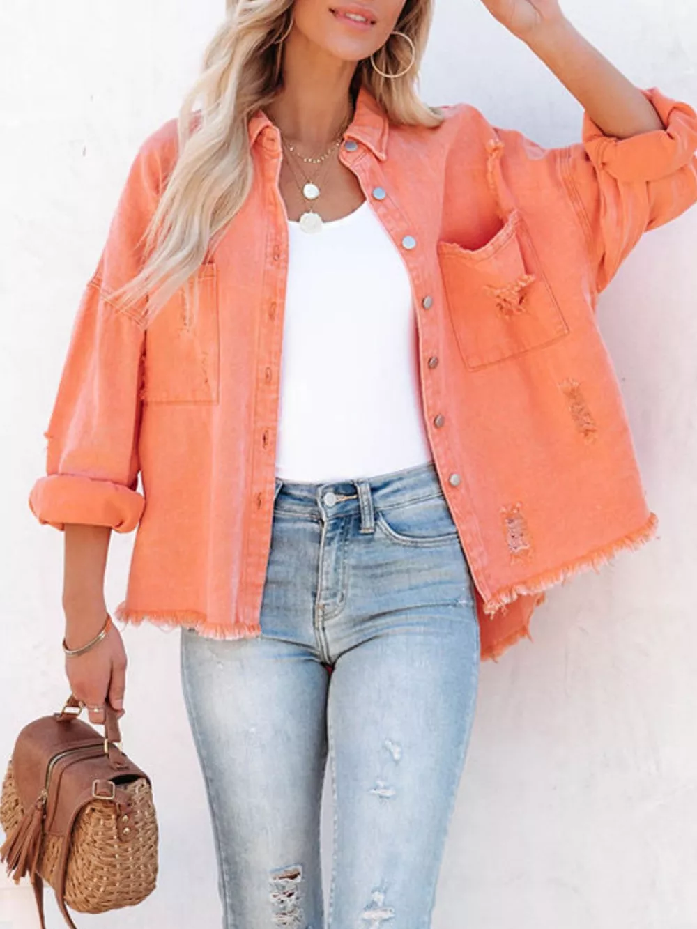 Raw Hem Button Up Denim Shacket - Image 10