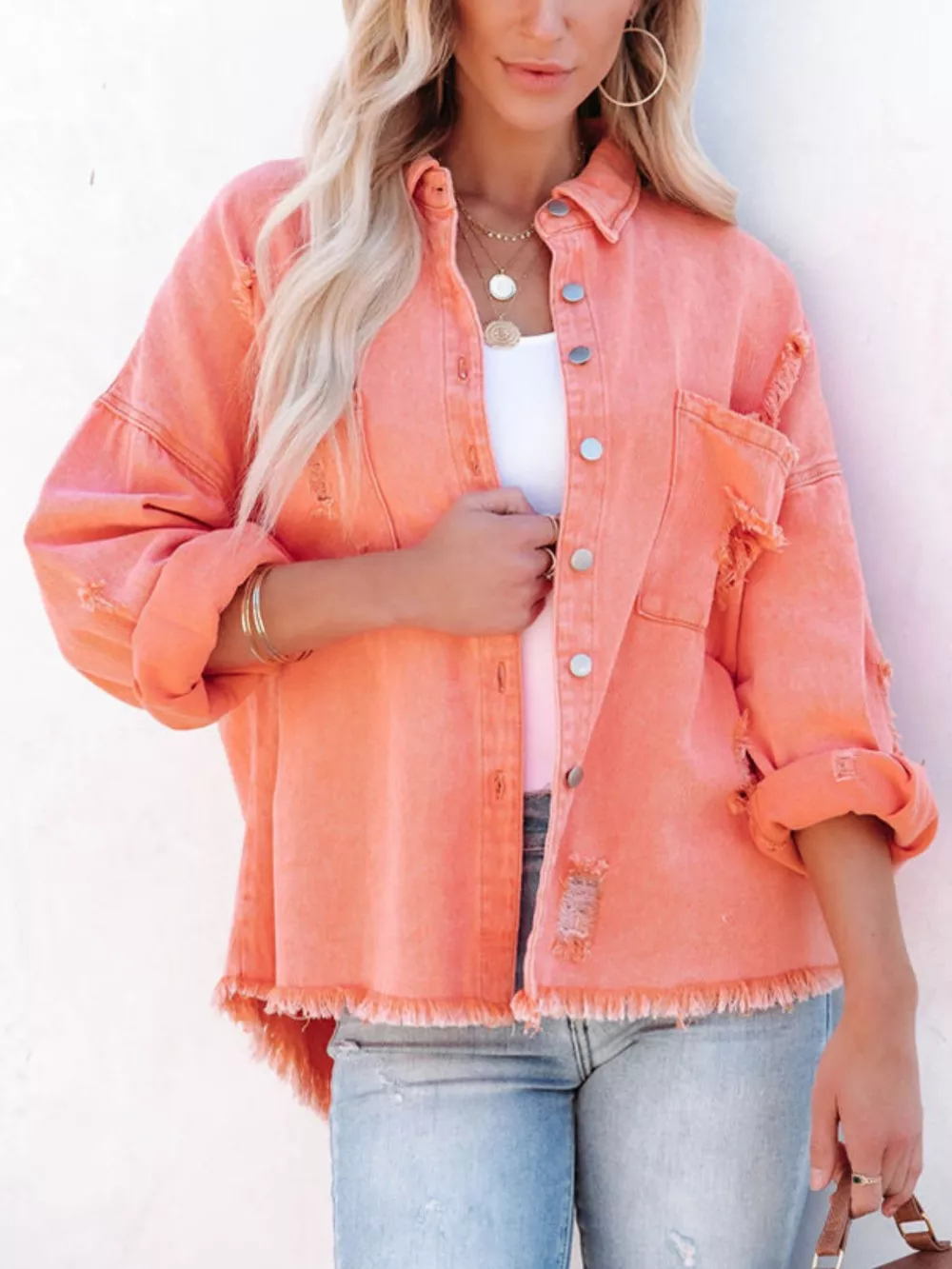 Raw Hem Button Up Denim Shacket - Image 11