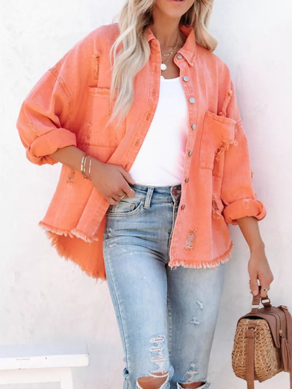 Raw Hem Button Up Denim Shacket - Image 12