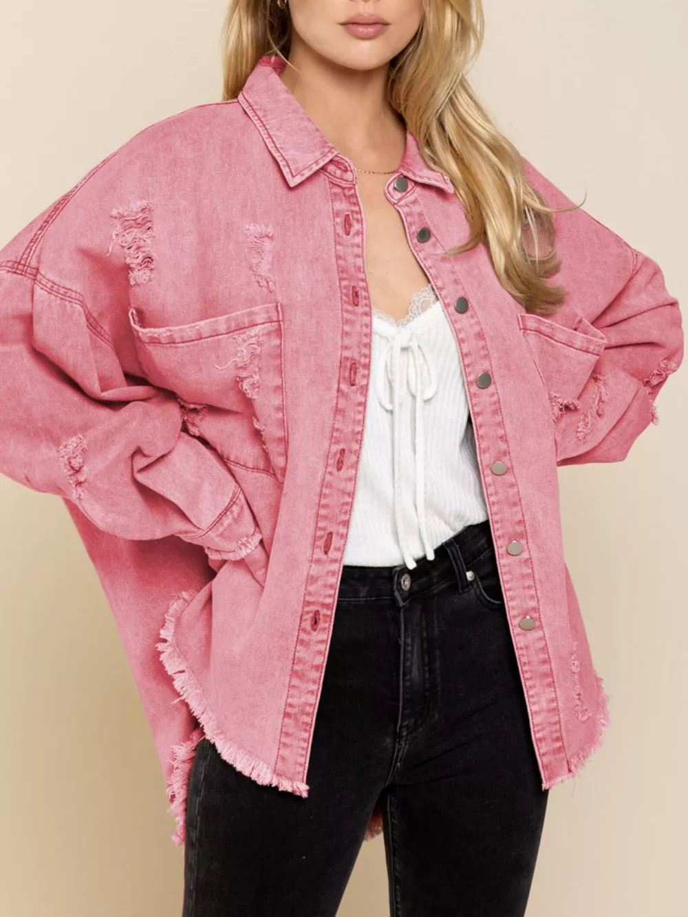 Raw Hem Button Up Denim Shacket - Image 20