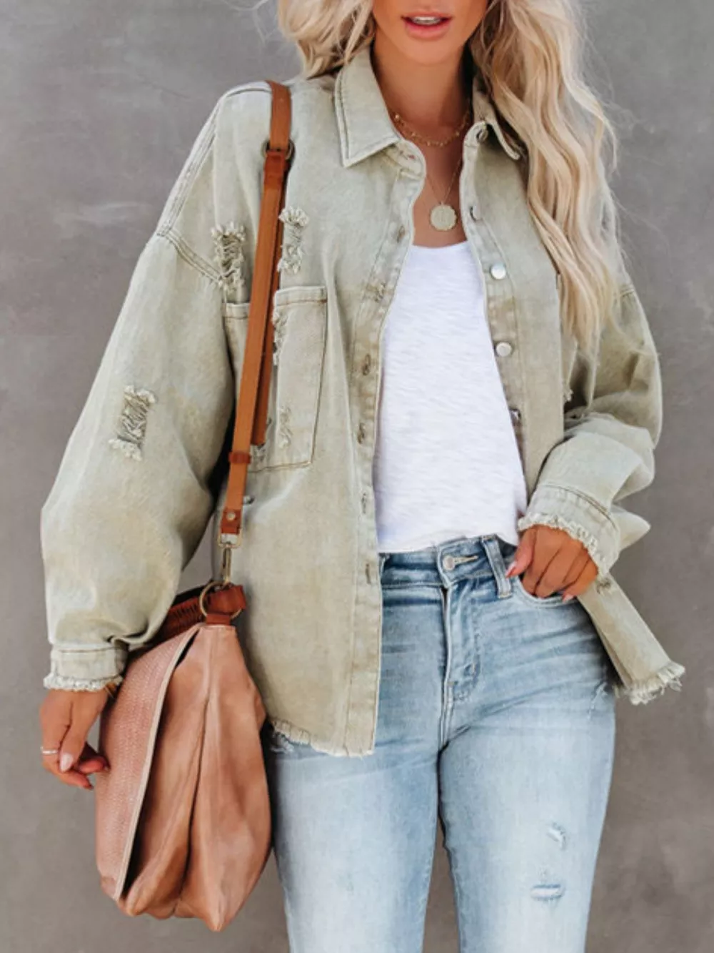 Raw Hem Button Up Denim Shacket - Image 3