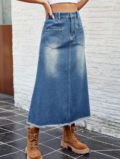 Raw Hem Buttoned Denim Skirt with Pockets - Image 3