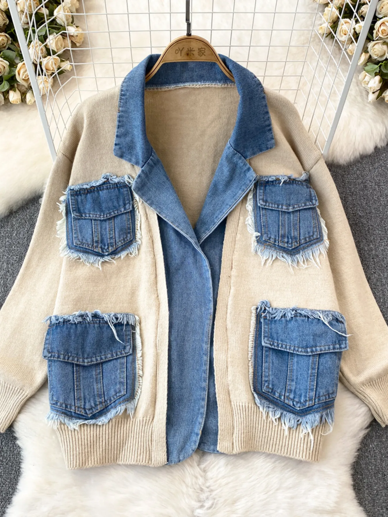 Raw Hem Denim Pocket Patchwork Cardigan - Image 11