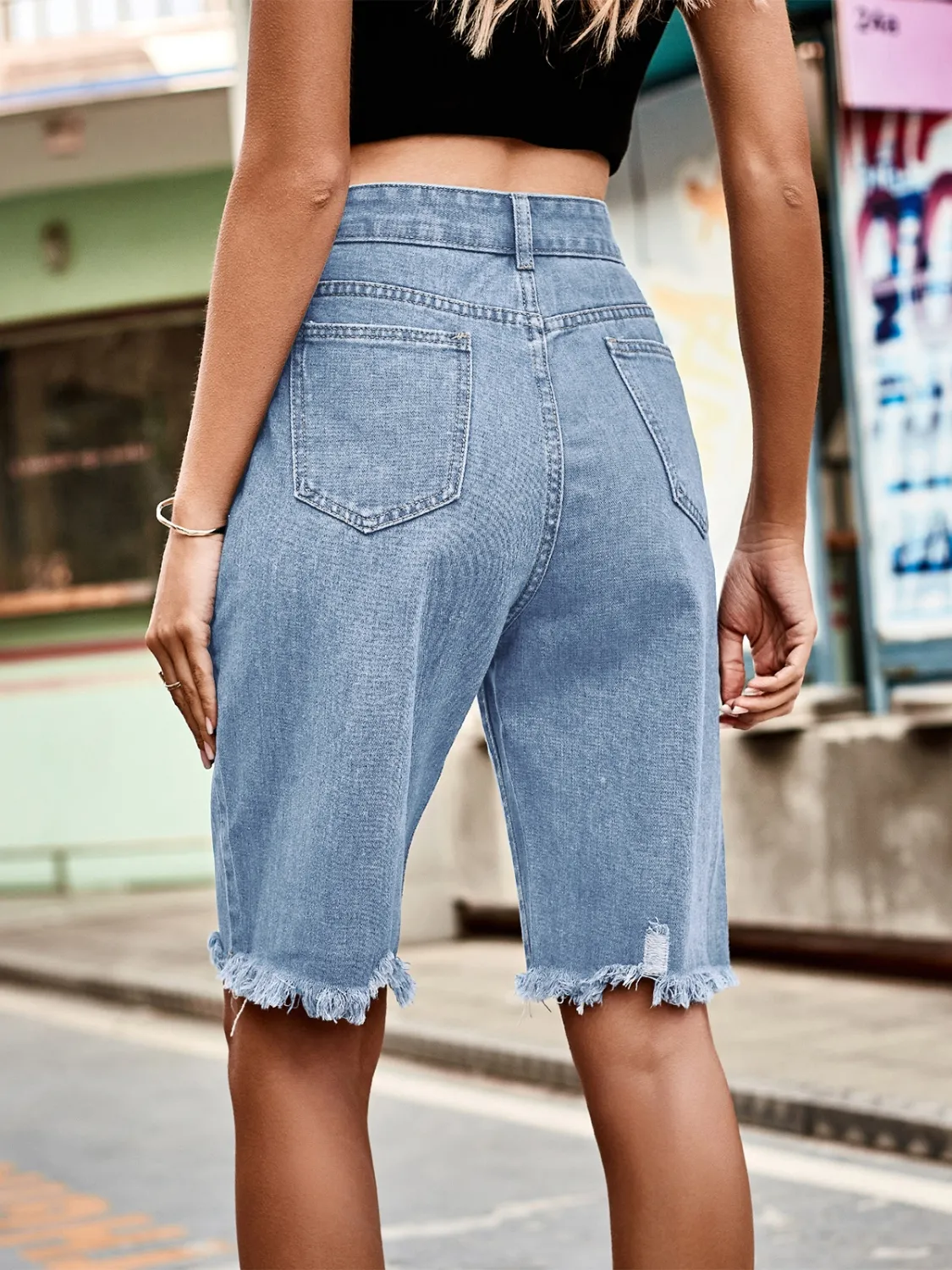 Raw Hem Denim Shorts - Image 5