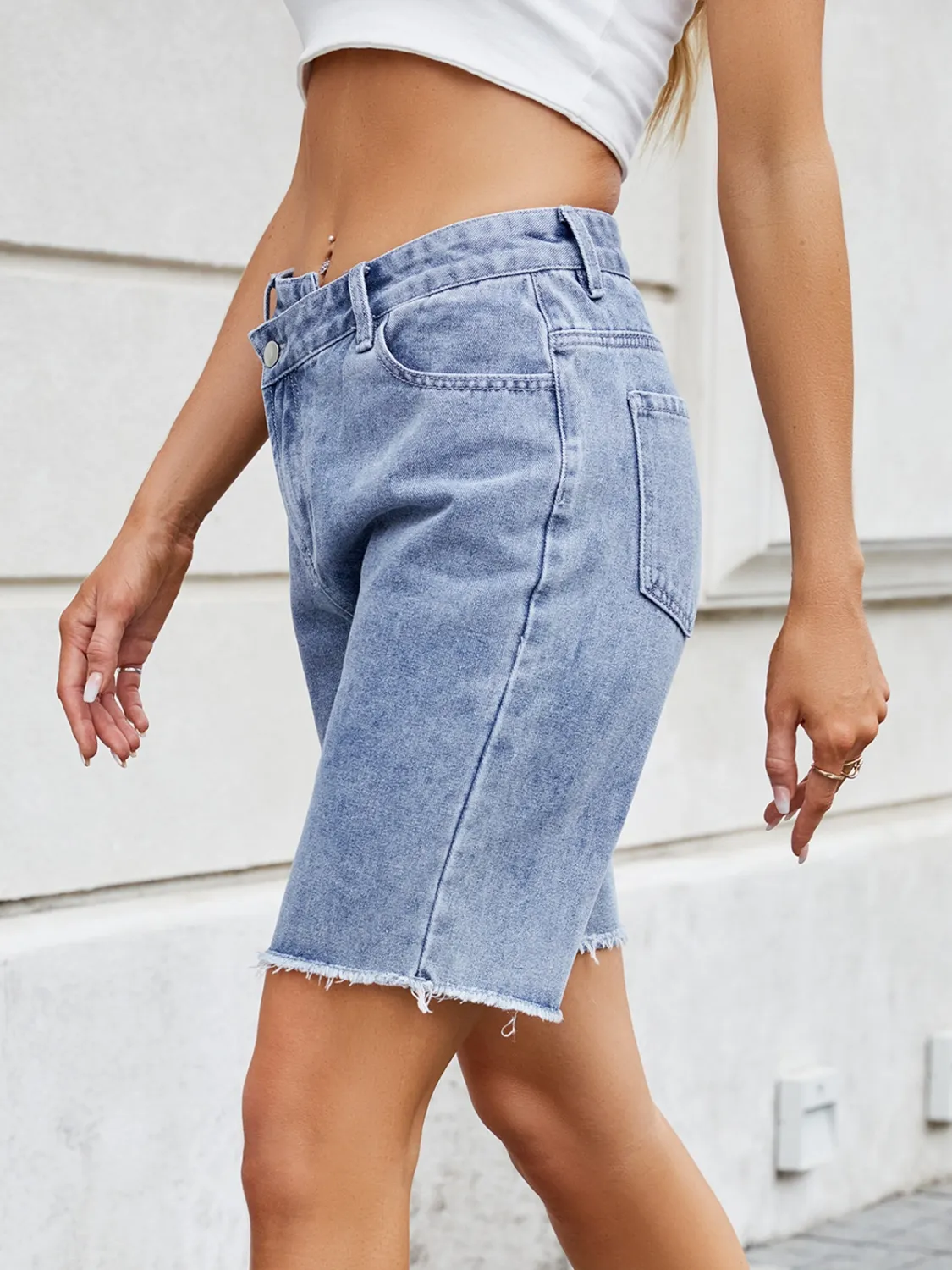 Raw Hem Denim Shorts - Image 4