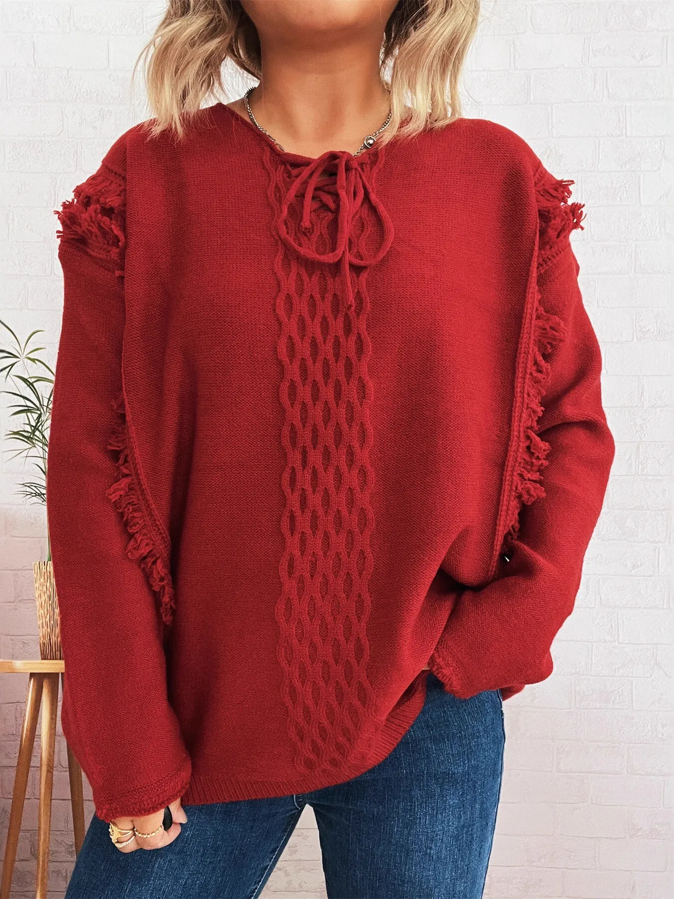 Raw Hem Lace Up Front Sweater - Image 6