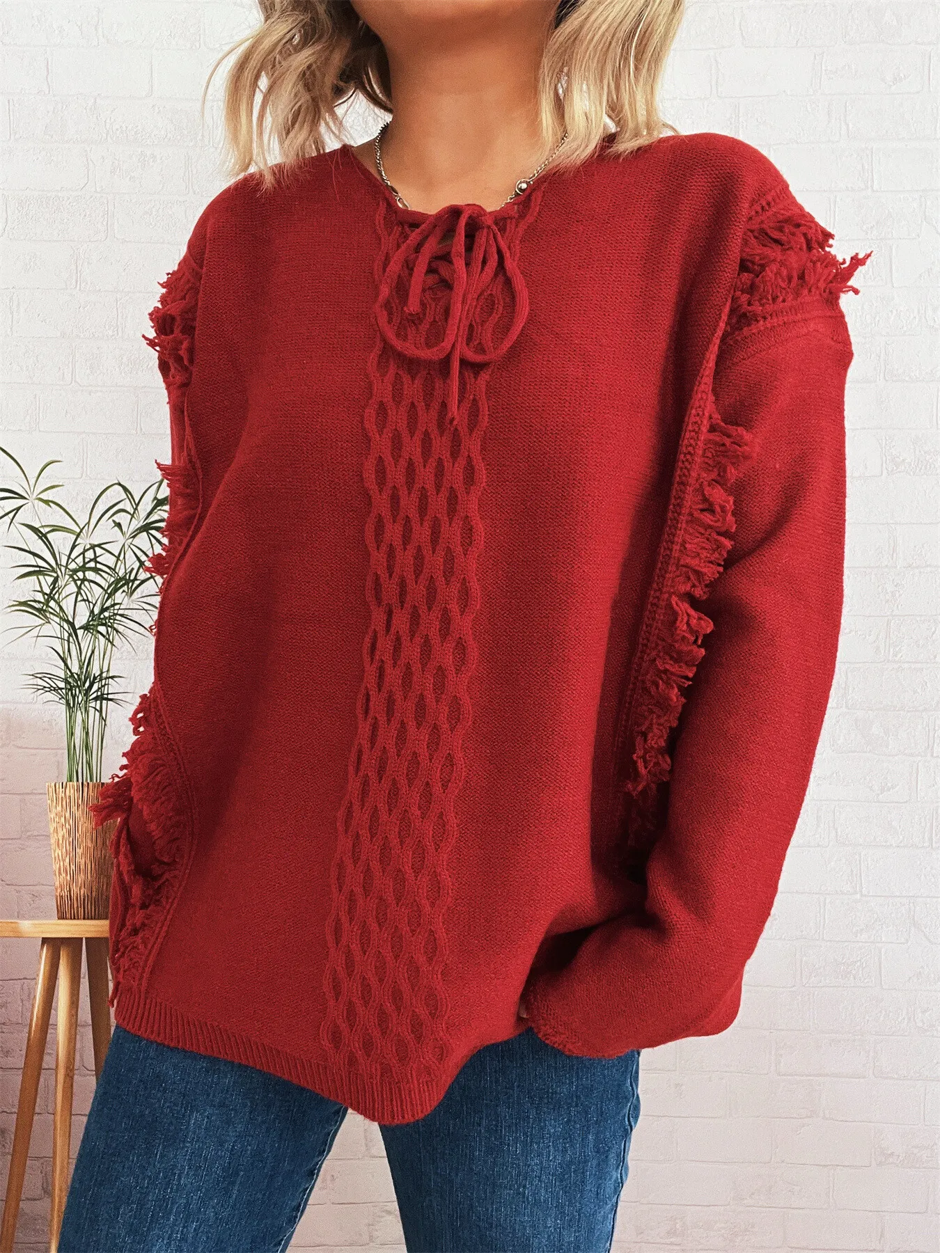 Raw Hem Lace Up Front Sweater - Image 7