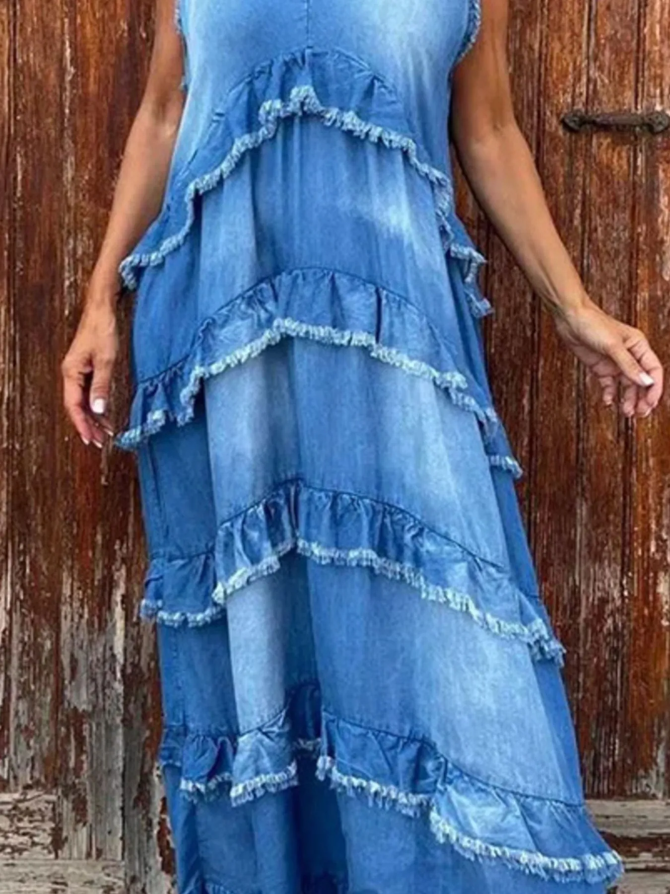 Raw Hem Layered Denim Maxi Dress - Image 3