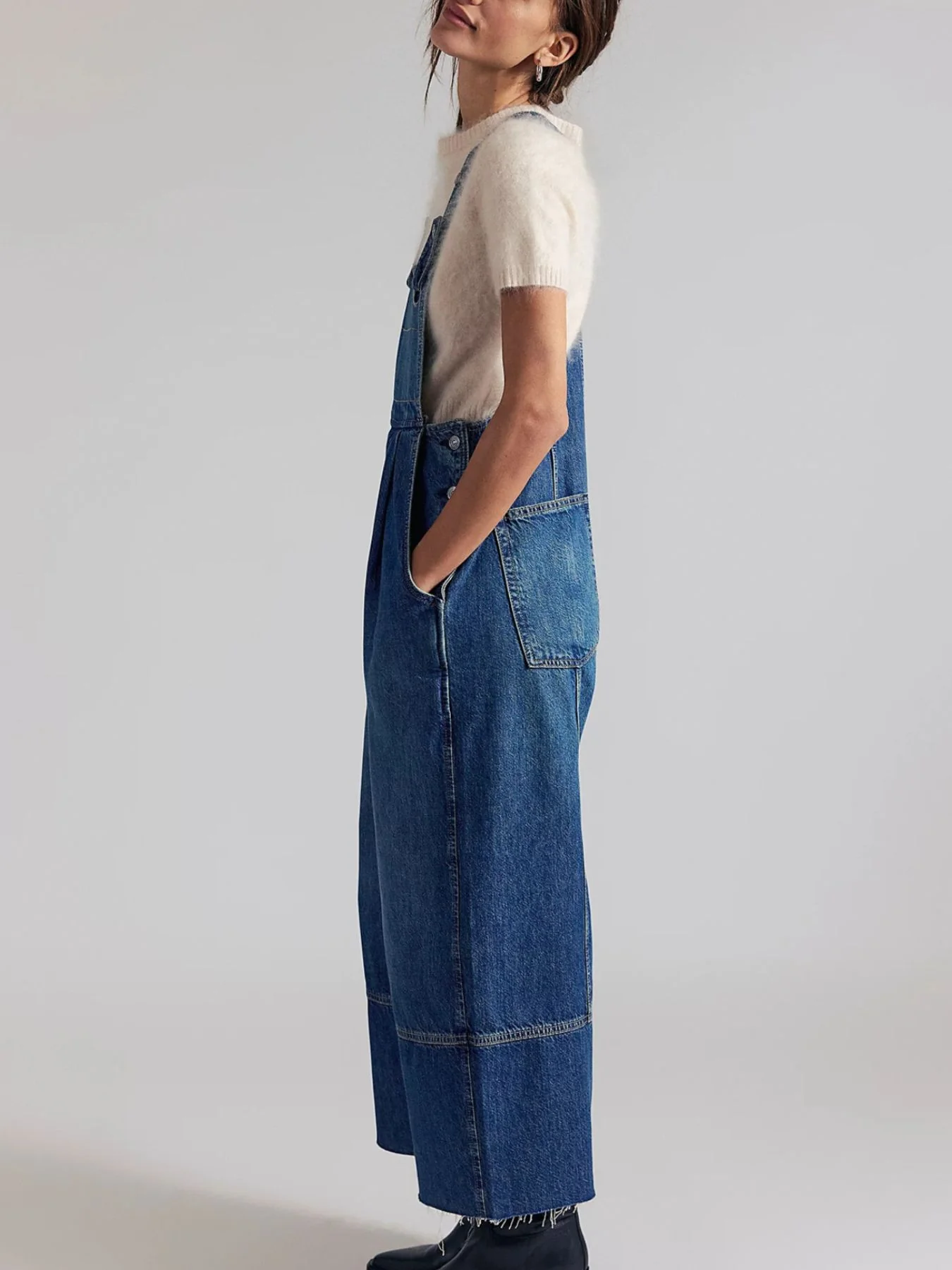 Raw Hem Wide-Leg Denim Overalls - Image 3