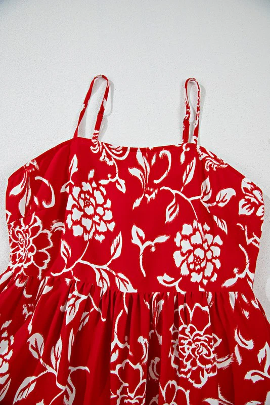 Red Floral Spaghetti Strap Empire Waist Maxi Dress - Image 4