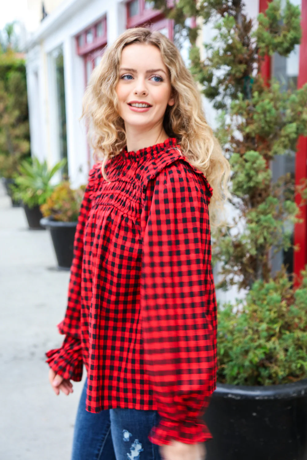 Don't Think Twice Gingham Shirred Mock Neck Frilled Top - Image 10