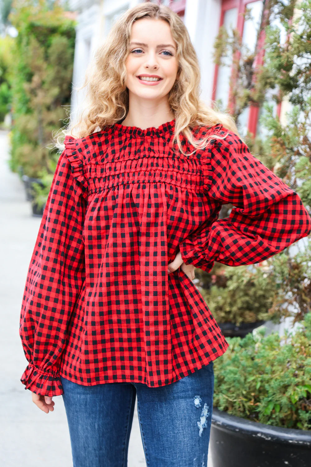 Don't Think Twice Gingham Shirred Mock Neck Frilled Top - Image 11