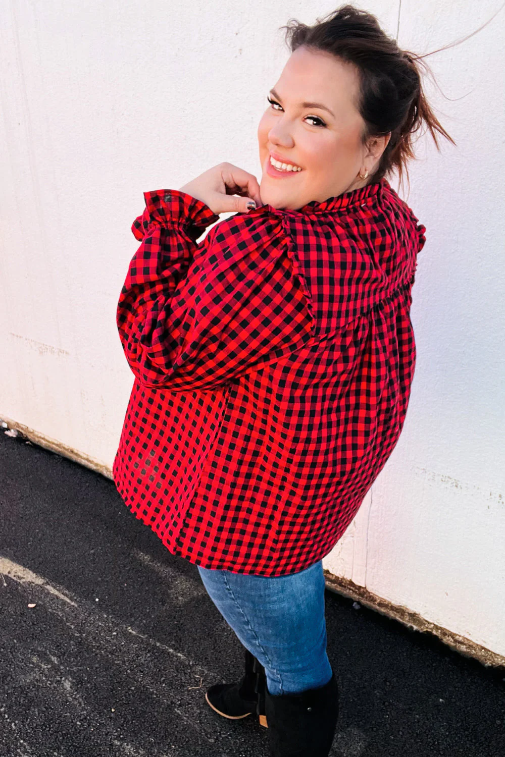 Don't Think Twice Gingham Shirred Mock Neck Frilled Top - Image 14