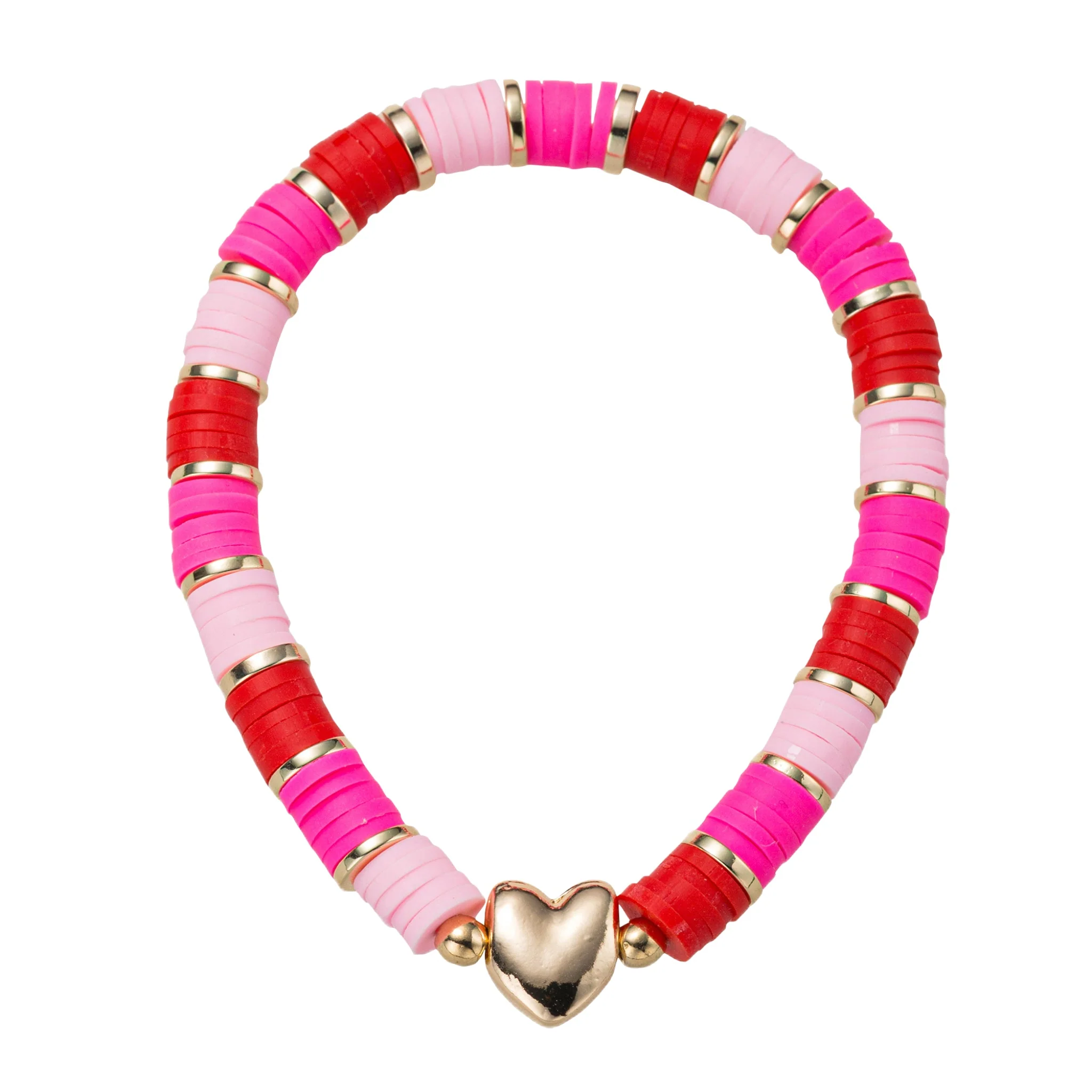 Red, Hot Pink, Light Pink Rubber Disk Beaded Stretch Bracelet with Gold Heart