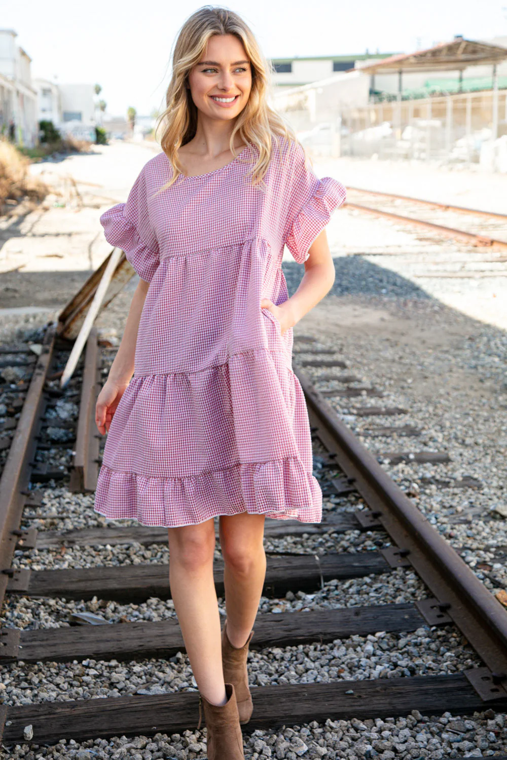 Red Ruffle Tiered Gingham Cotton Pocketed Dress - Image 8
