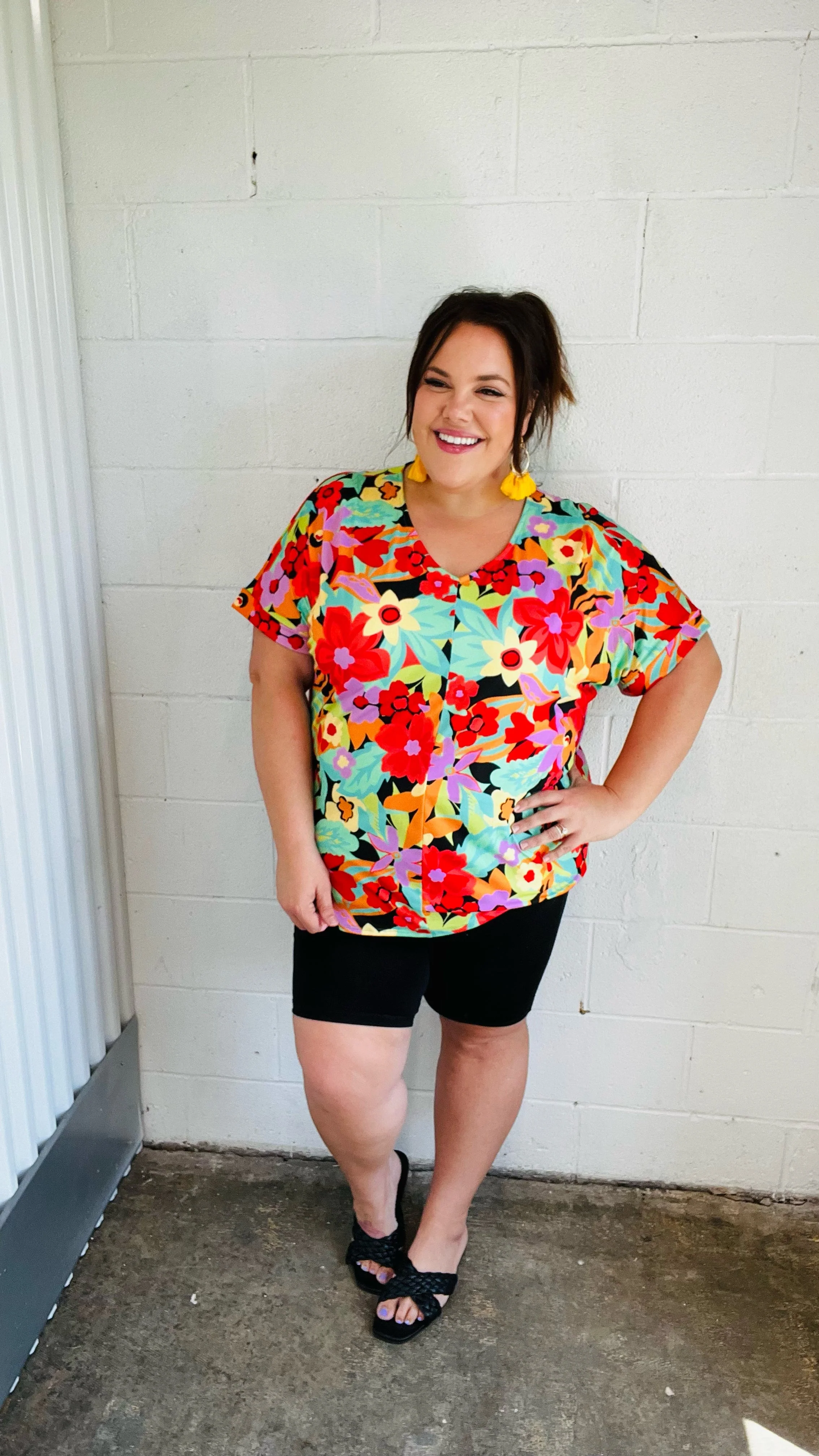 Multicolor Tropical Floral V Neck Drop Shoulder Top - Image 13