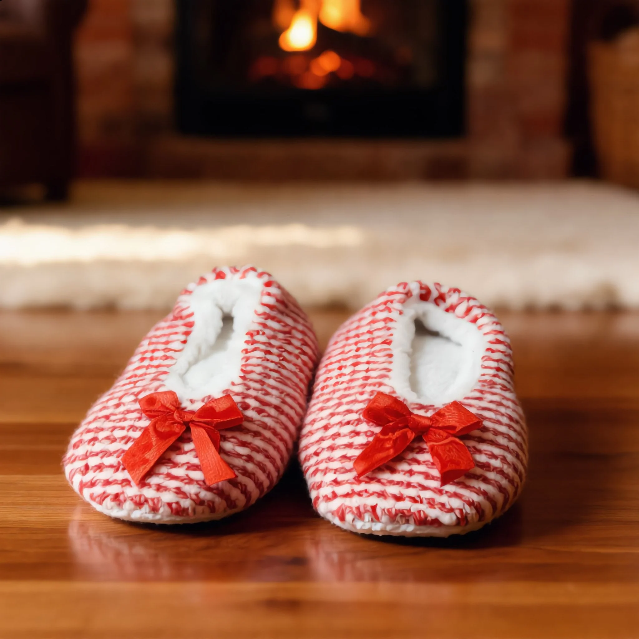 Red White Striped Knit Bow Slippers