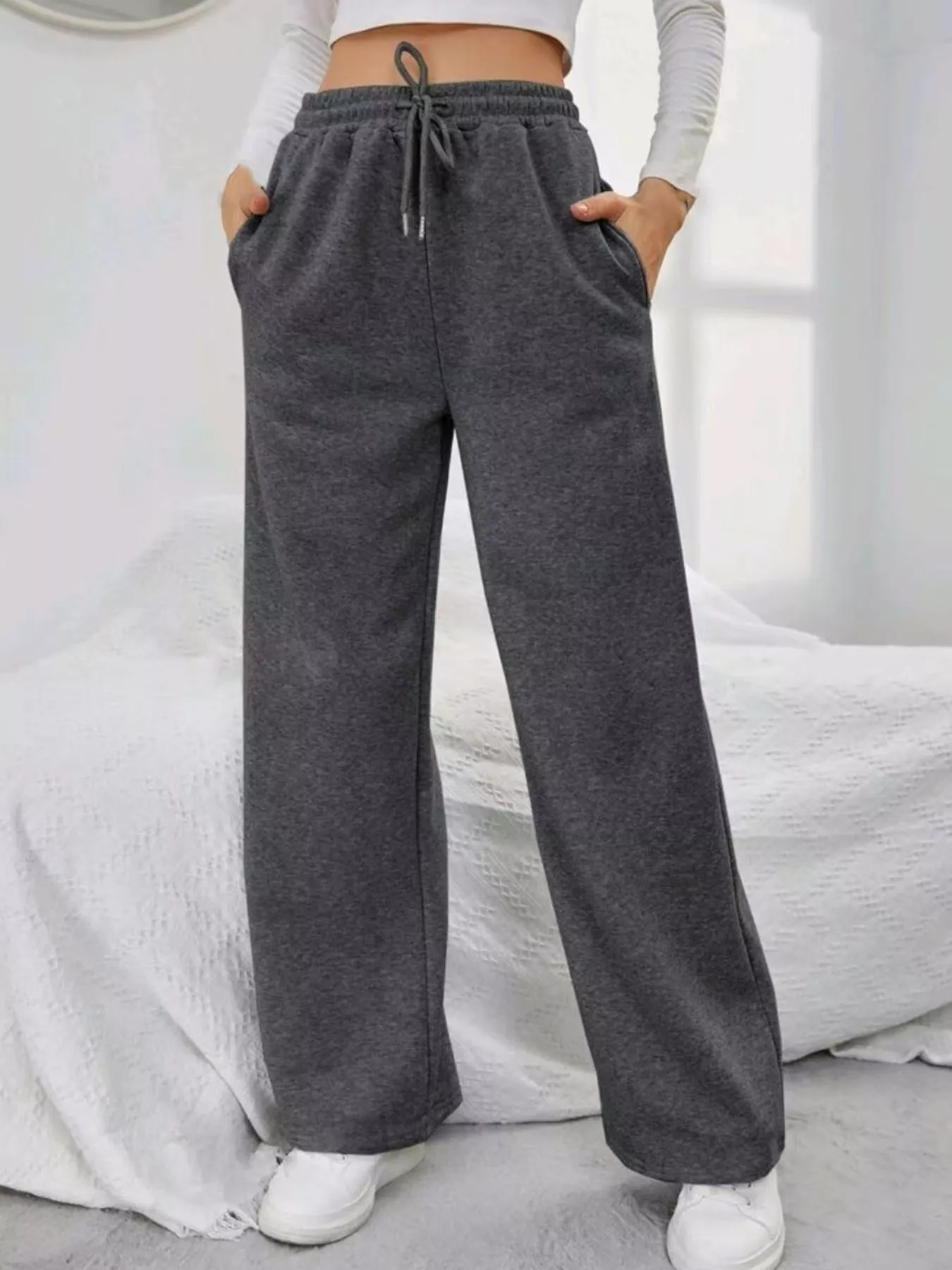 Relaxed Fit Drawstring Waist Solid Pants - Image 7