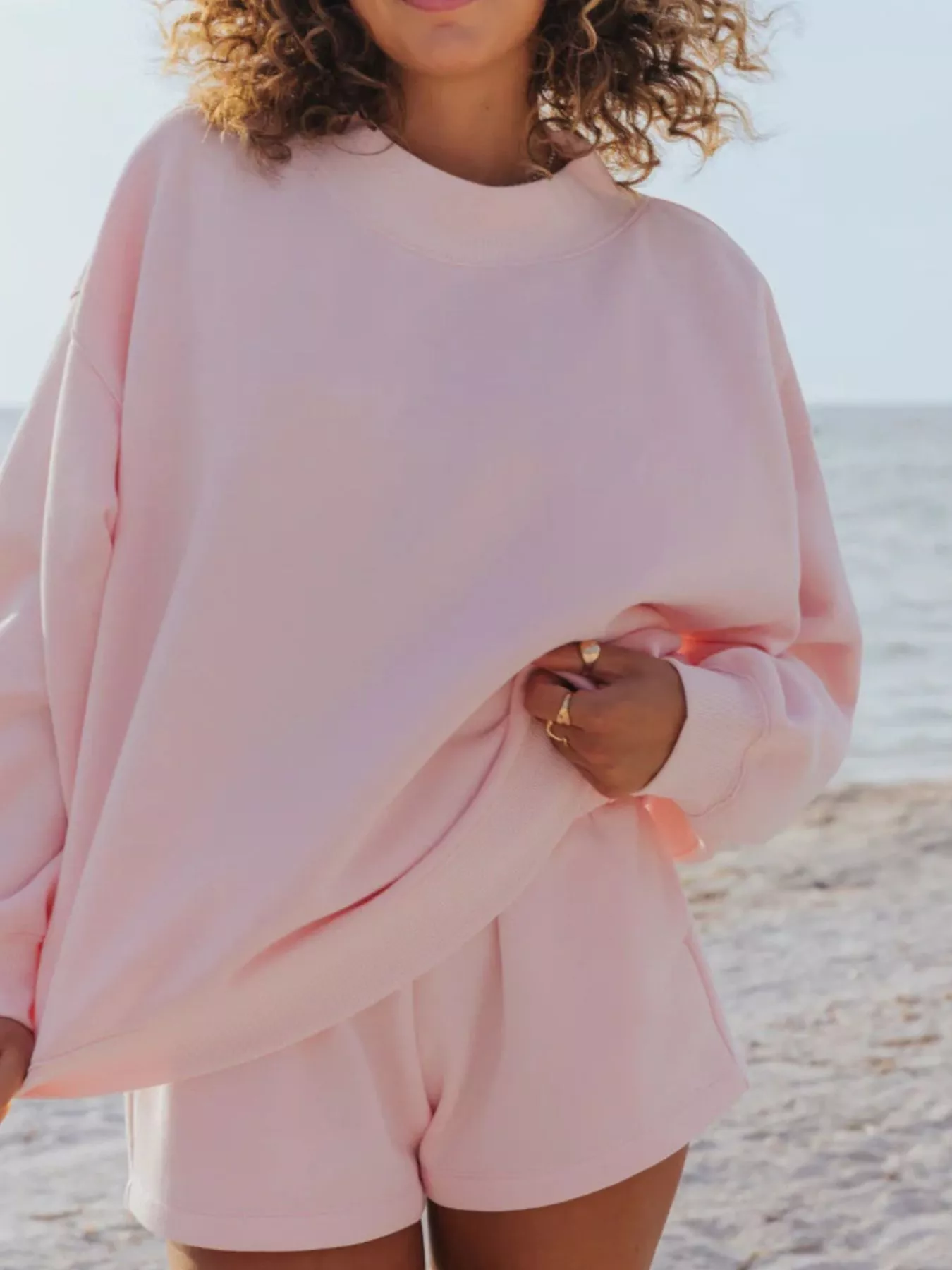 Relaxed Fit Round Neck Sweatshirt and Shorts Set - Image 2