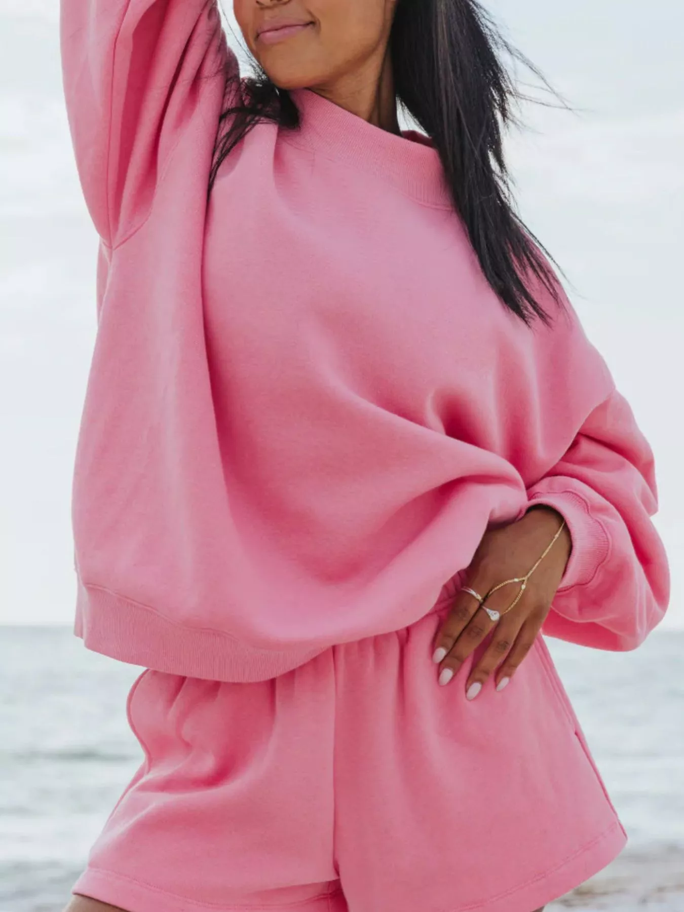 Relaxed Fit Round Neck Sweatshirt and Shorts Set - Image 6