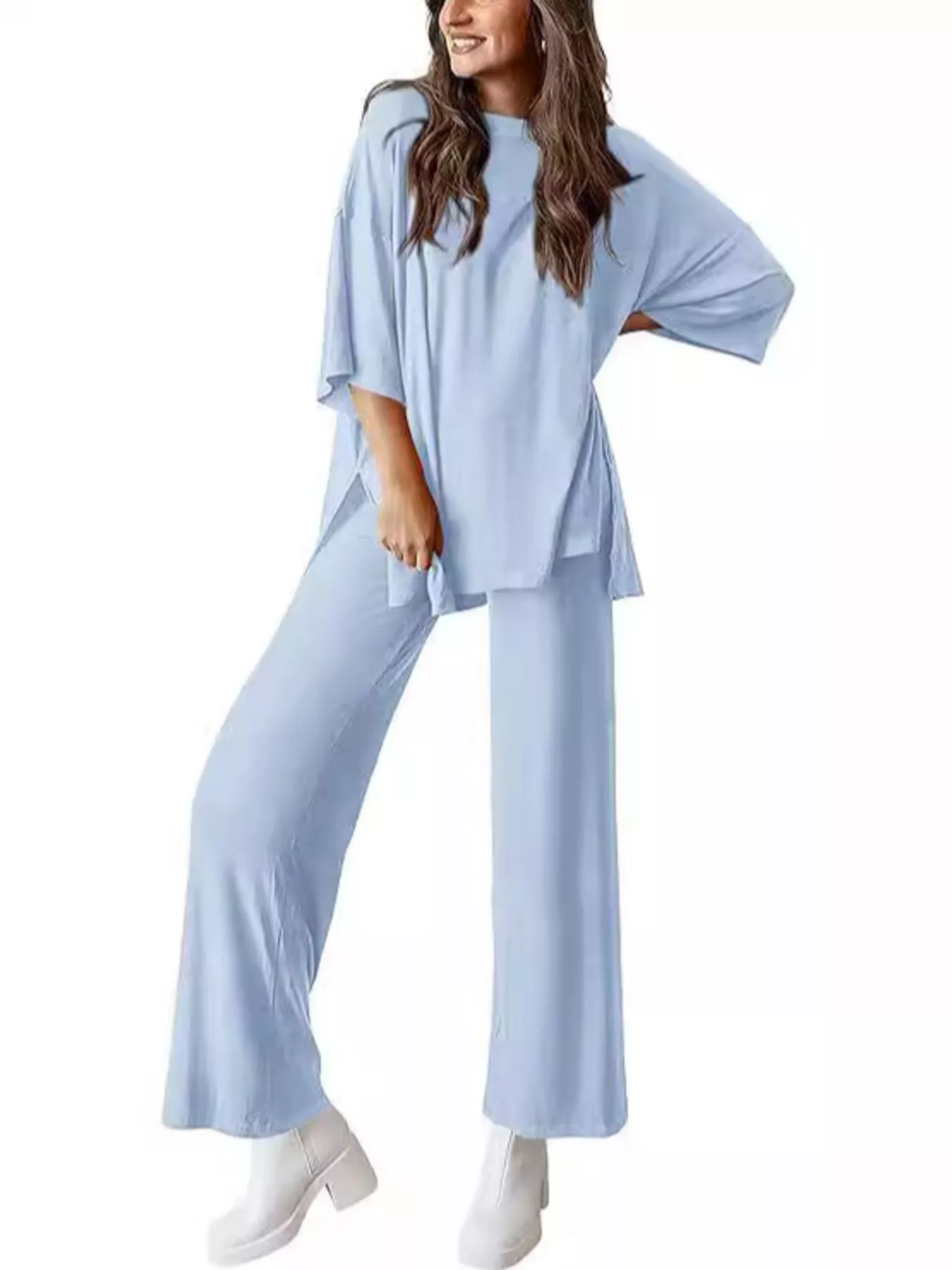 Relaxed Fit Round Neck Top and Pants Two-Piece Set - Image 12