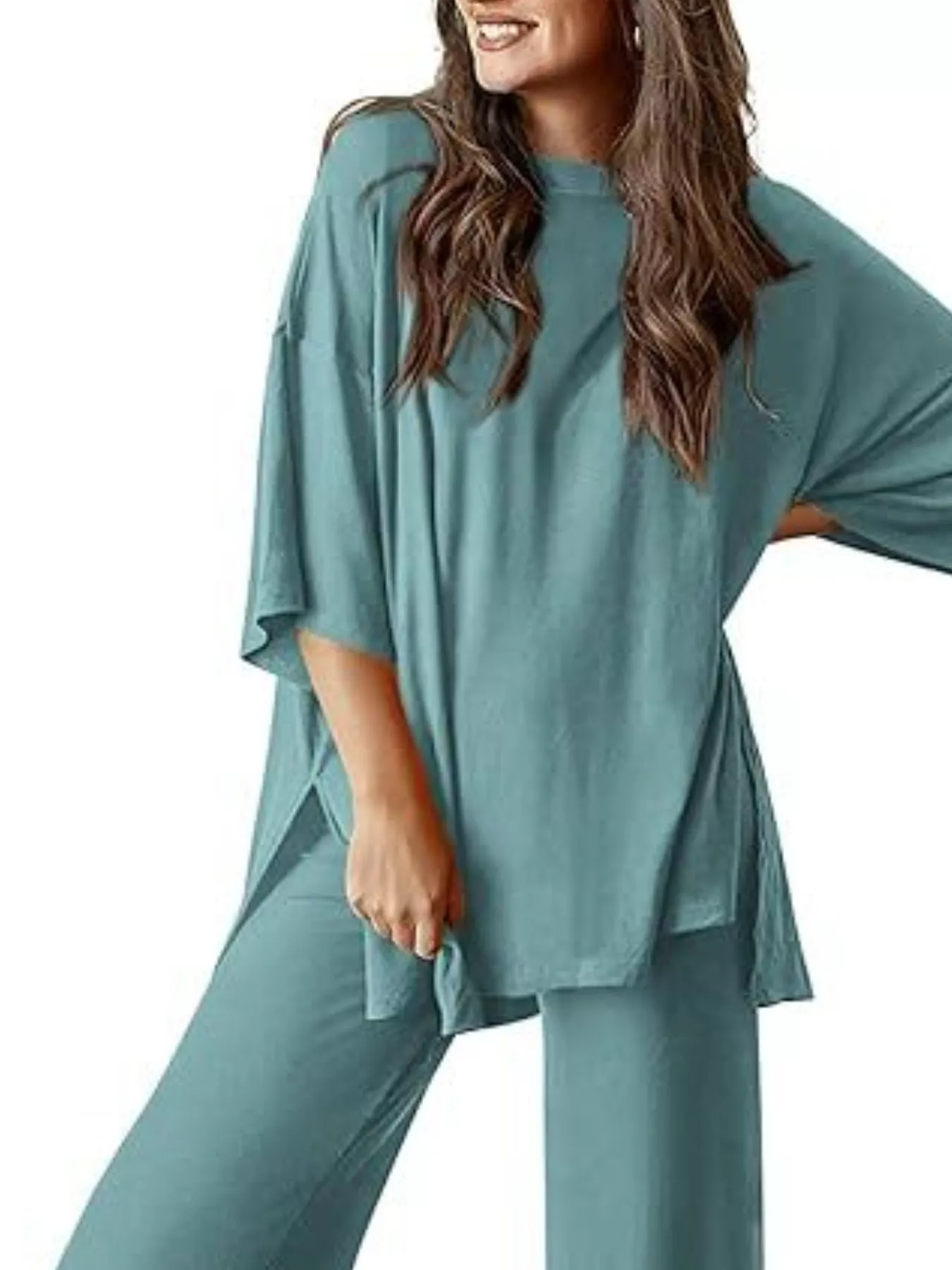Relaxed Fit Round Neck Top and Pants Two-Piece Set - Image 26