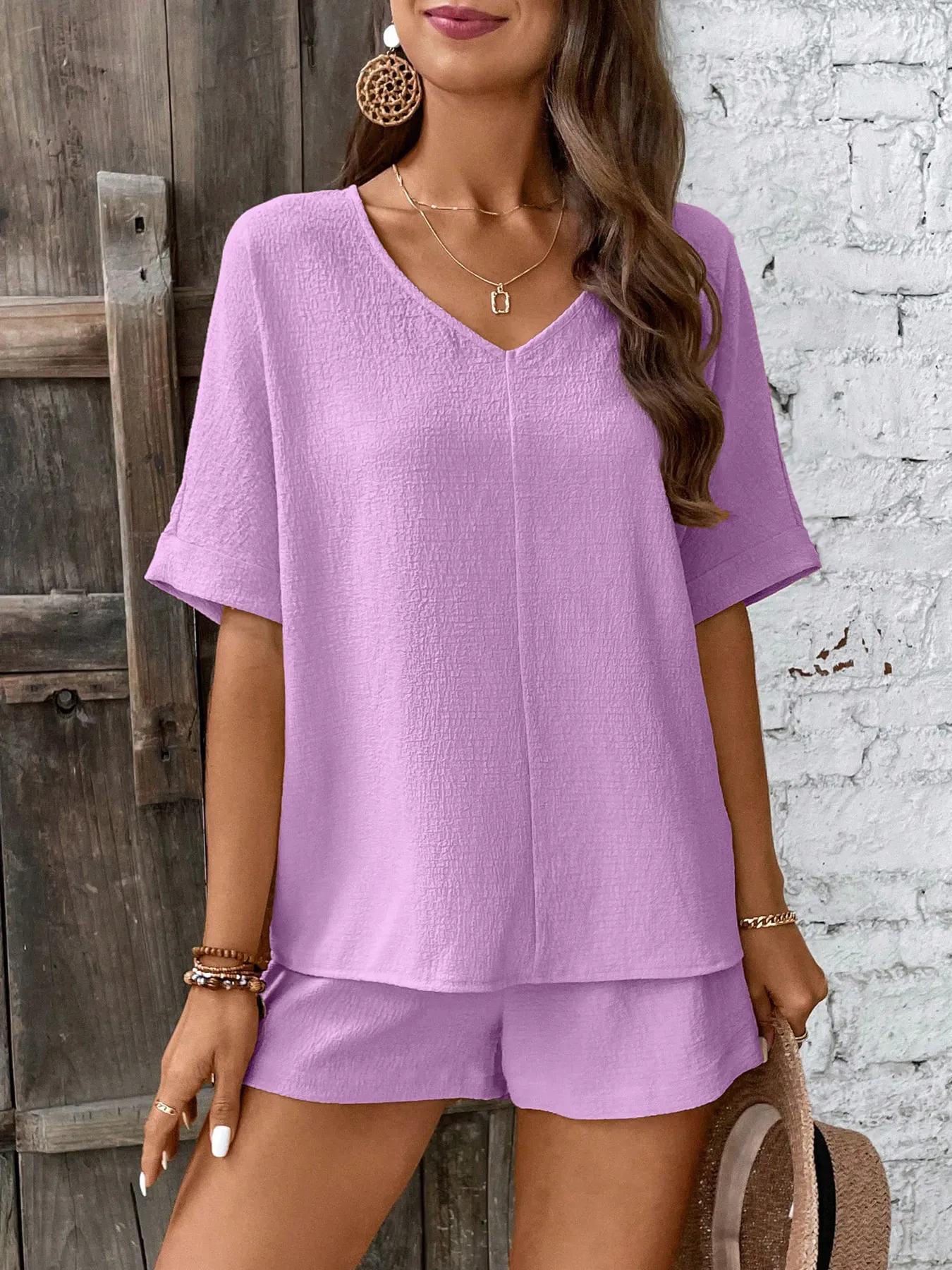 Relaxed Fit V-Neck Top and Shorts Two-Piece Set - Image 10
